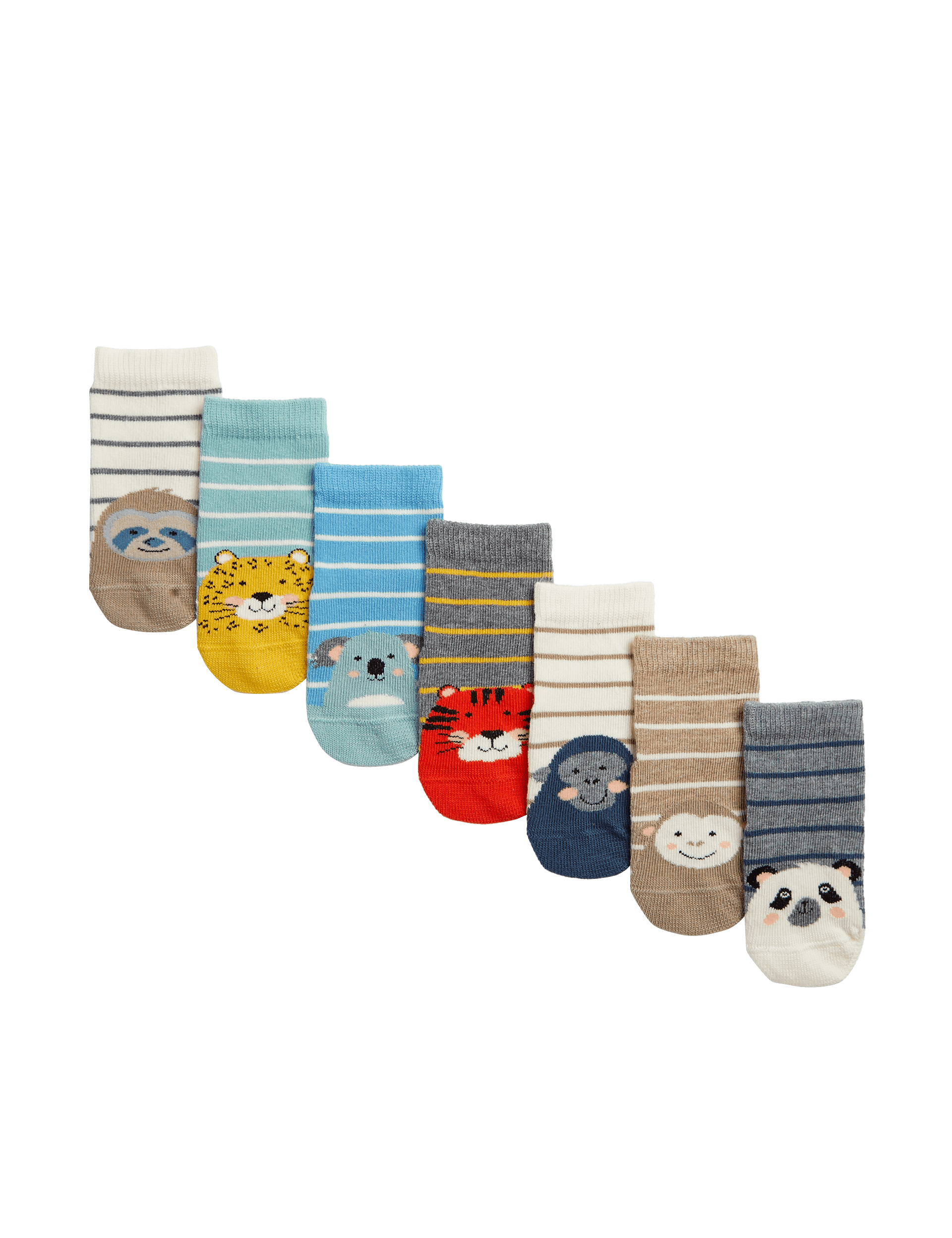 M&S Collection Girls 7pk Cotton Rich Animal Face Socks (0-3 Yrs) - 0-6 - Multi, Multi