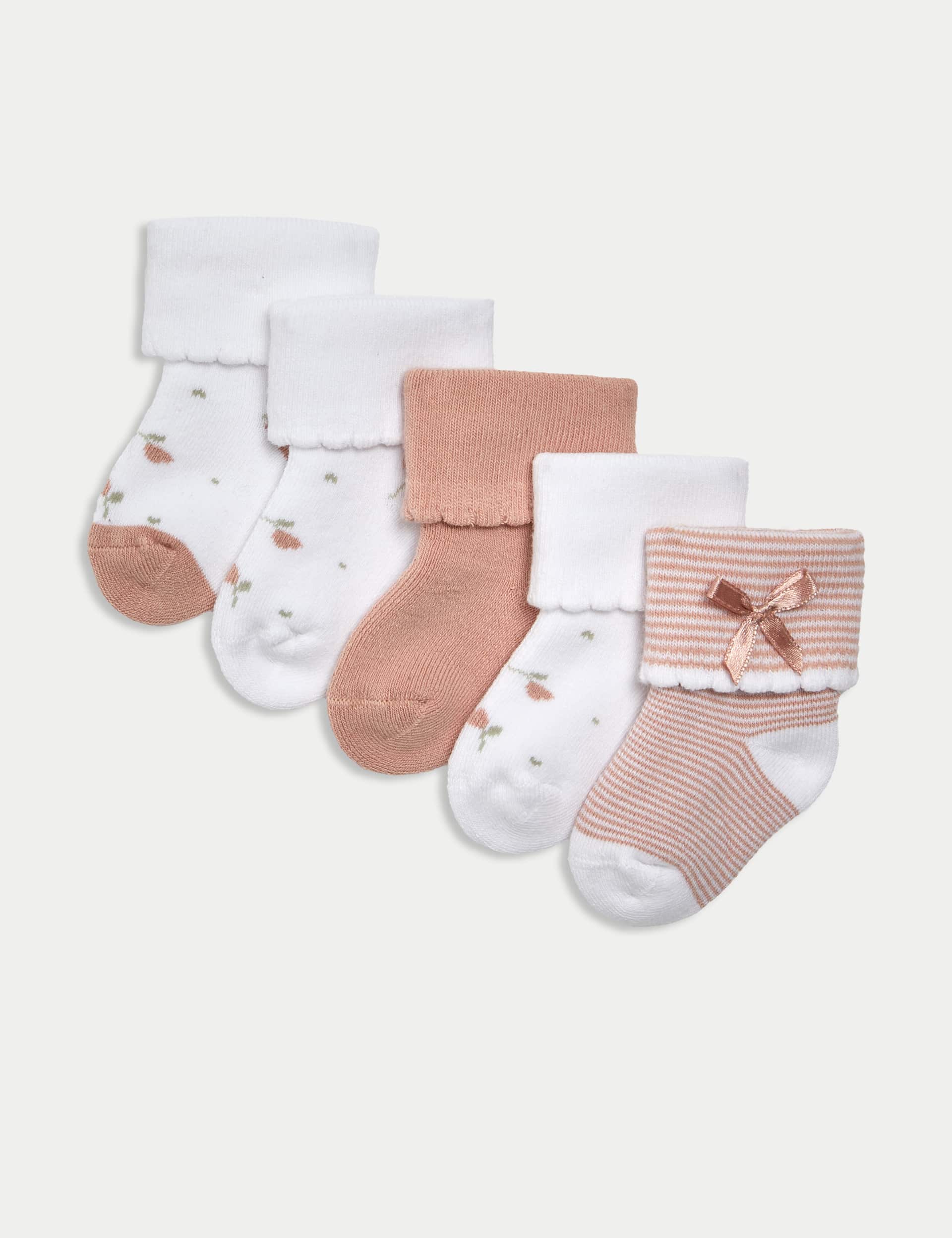 M&S 5pk Cotton Rich Rosebud Baby Socks (0-24 Mths)
