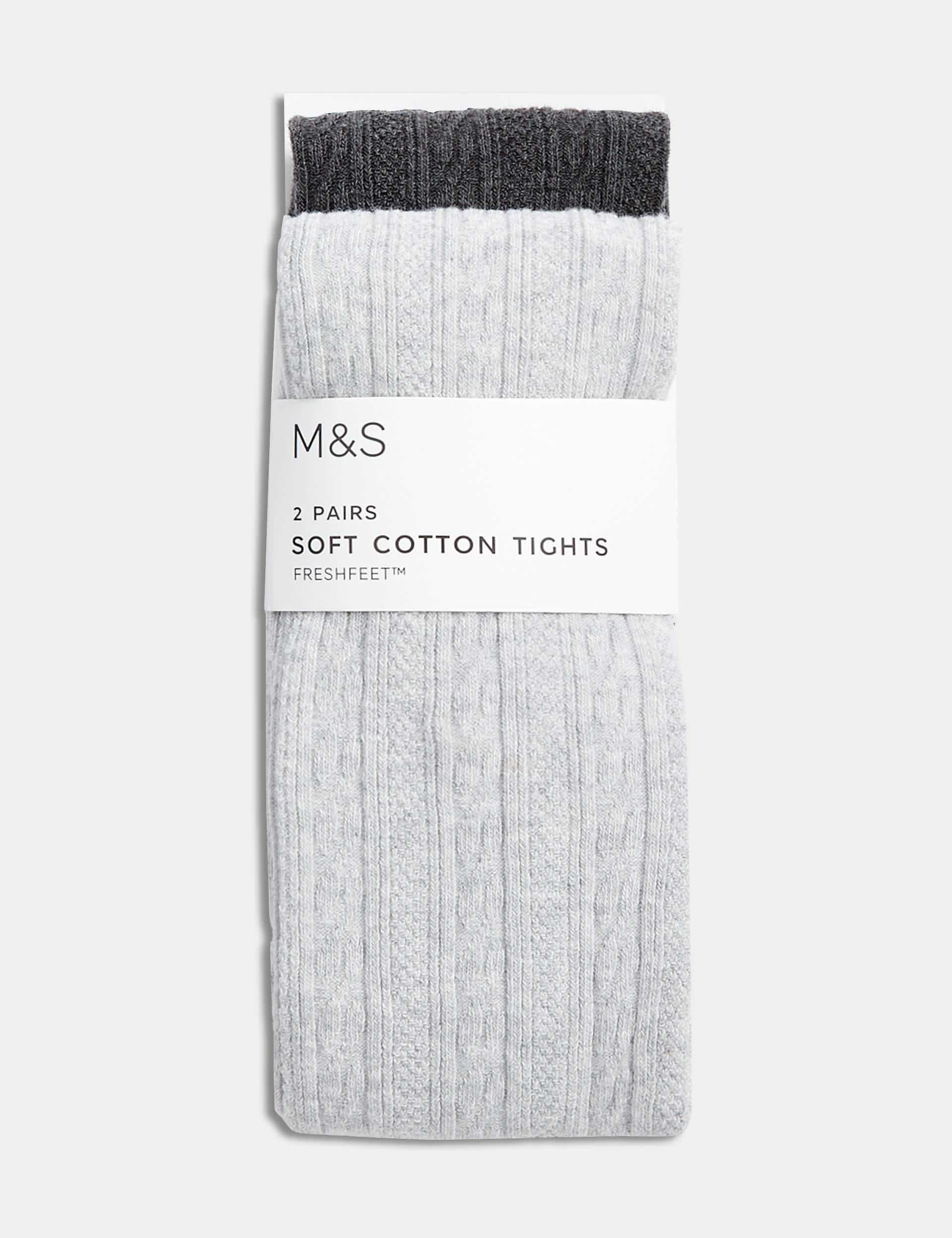 M&S Girls 2pk Cotton Rich Cable Tights (2-14 Yrs) - 9-10Y - Grey Marl, Grey Marl