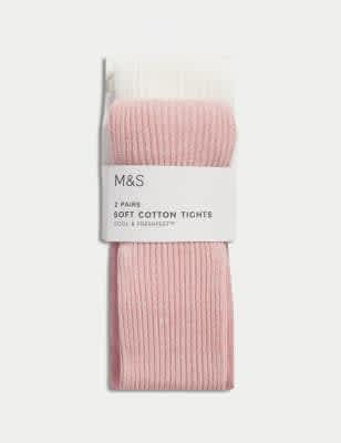 M&S Girls 2pk Cotton Rich Ribbed Glitter Tights (2-14 Yrs) - 6-7 Y - Light Pink Mix, Blue Mix,Grey M