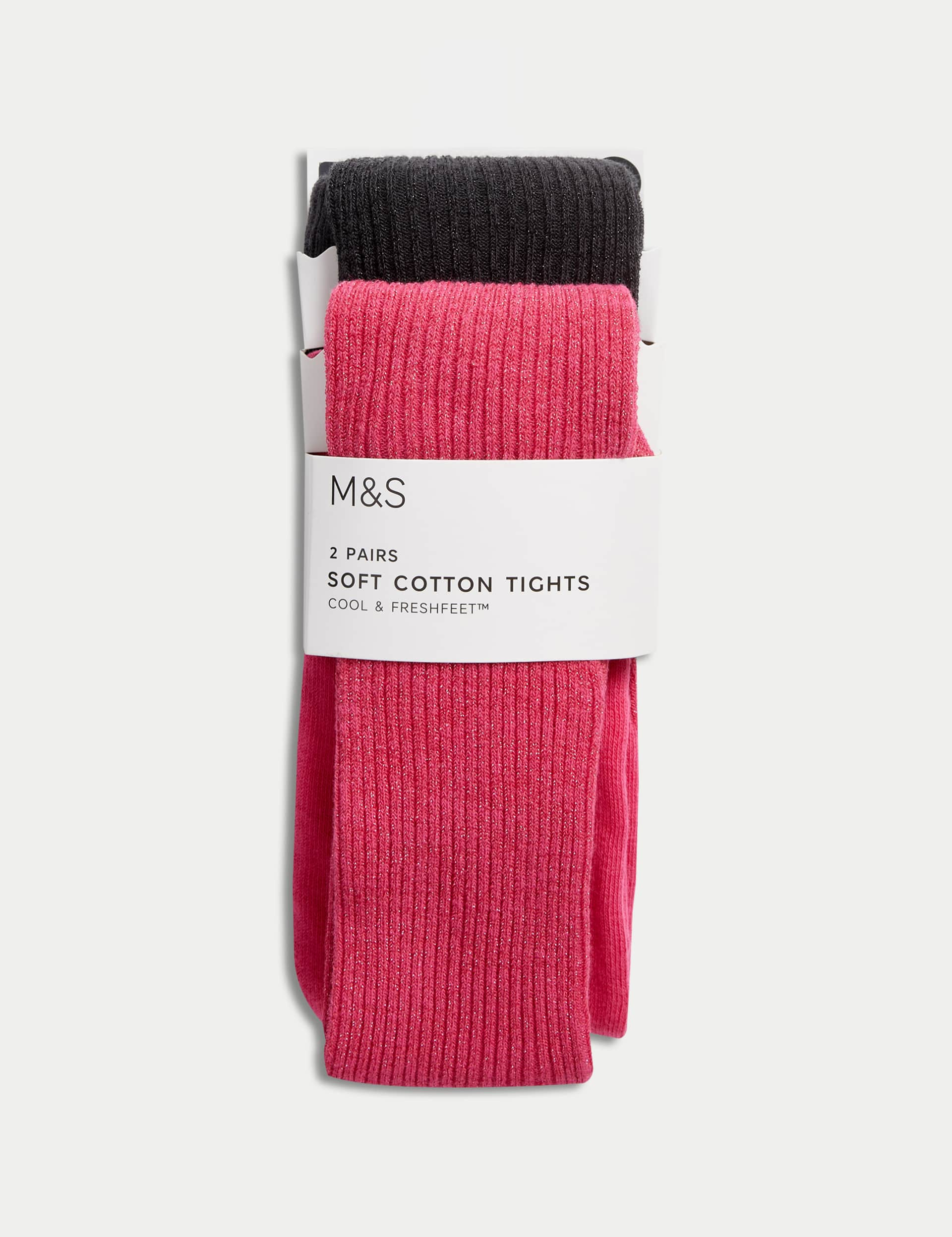 M&S Girls 2 Pack Cotton Rich Ribbed Glitter Tights (2-14 Yrs) - 7-8 Y - Bright Pink Mix, Neutral,Gre