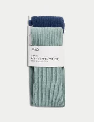 M&S Girls 2pk Cotton Rich Ribbed Glitter Tights (2-14 Yrs) - 7-8 Y - Blue Mix, Grey Mix,Light Pink M