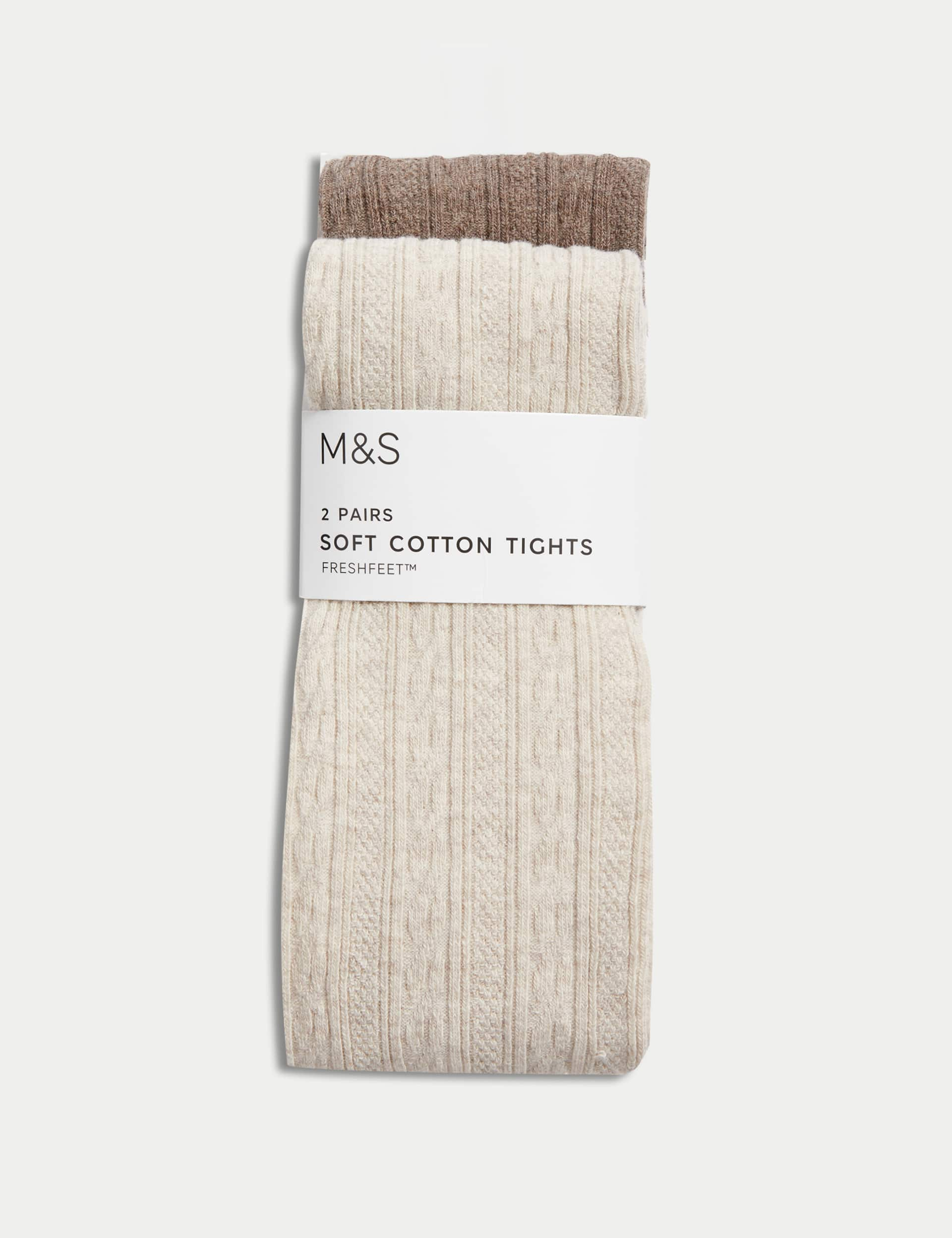 M&S Girls 2pk Cotton Rich Cable Knit Tights (2-14 Yrs) - 7-8 Y - Neutral, Neutral