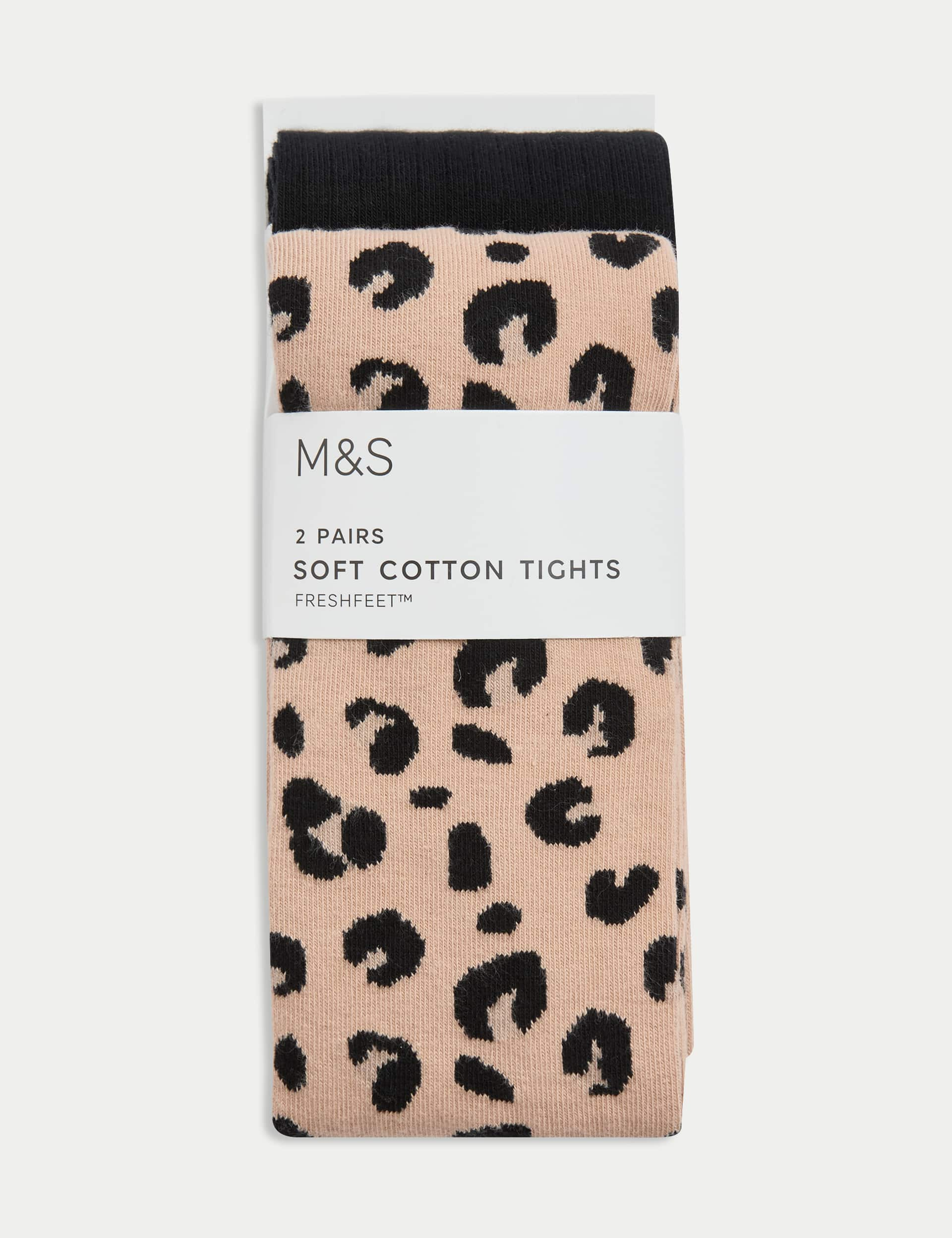 M&S Girls 2pk Cotton Rich Leopard Ribbed Tights (2-14 Yrs) - 4-5 Y - Neutral, Neutral