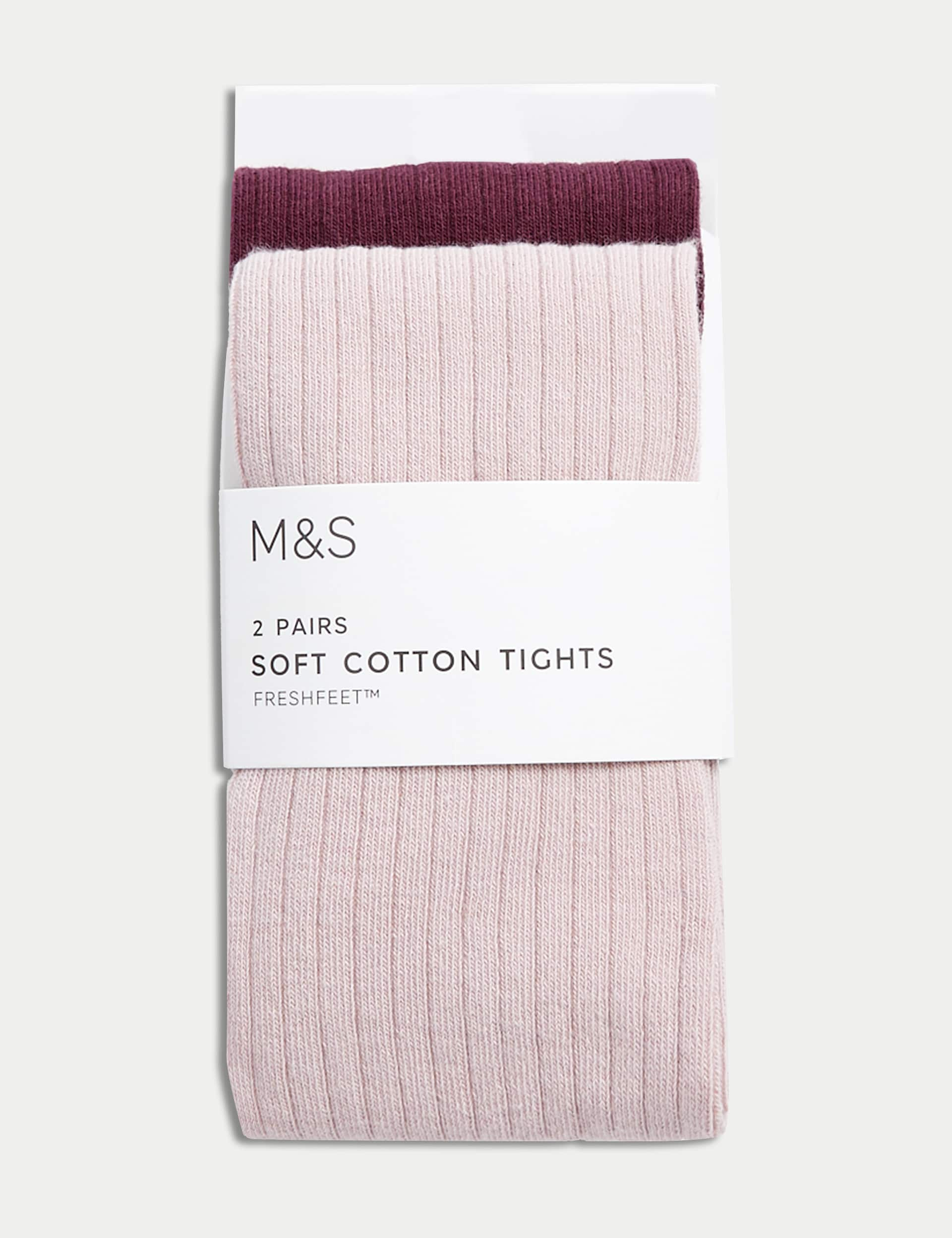 M&S Girls 2pk Cotton Rich Ribbed Tights (2-14 Yrs) - 5-6 Y - Wine Mix, Wine Mix