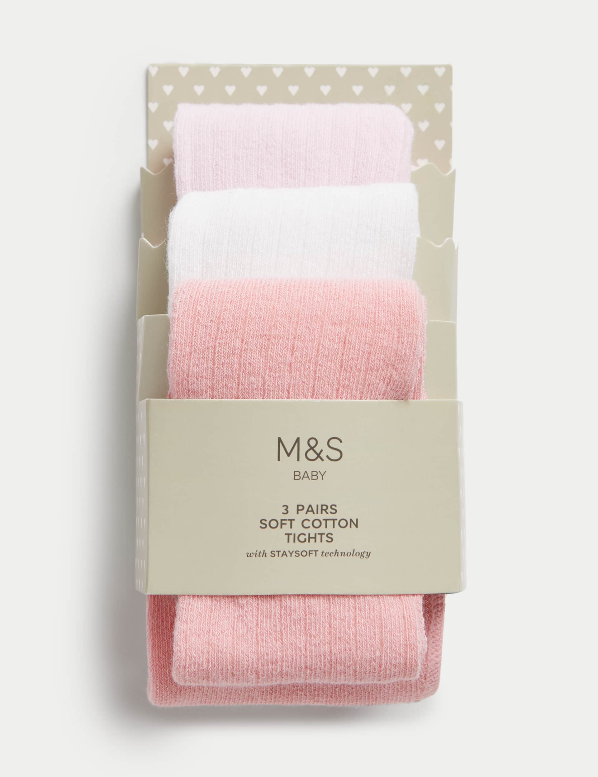 M&S Girls 3pk Cotton Rich Ribbed Tights (0-3 Yrs)