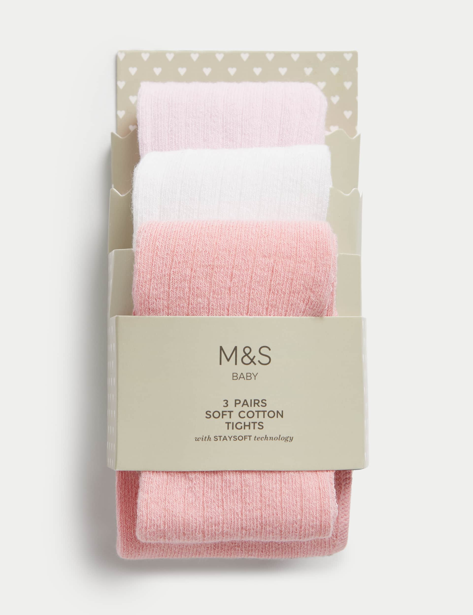 M&S Girls 3pk Cotton Rich Ribbed Tights (0-3 Yrs) - 18-24 - Light Pink Mix, Multi,Light Pink Mix