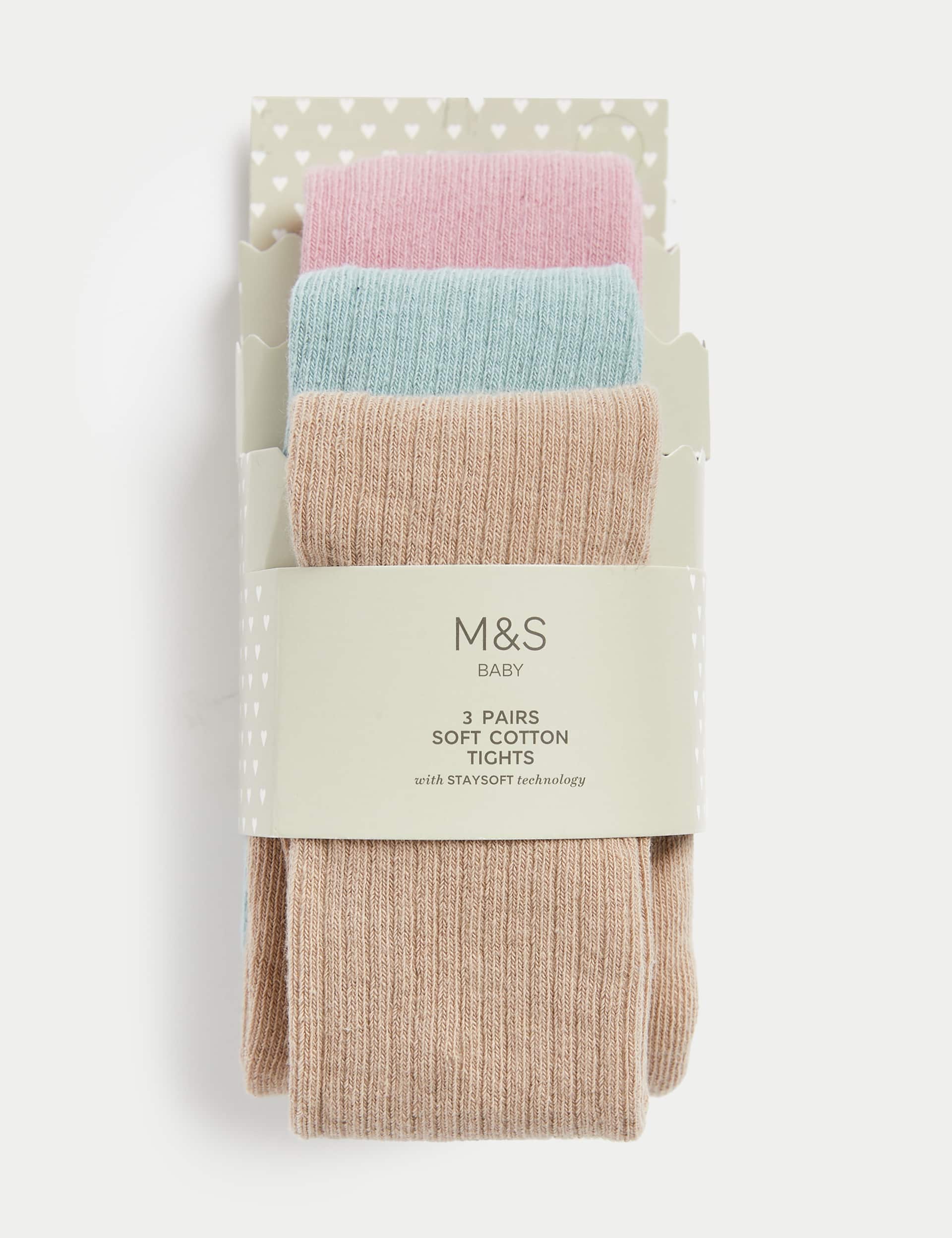 M&S Girls 3pk Cotton Rich Ribbed Tights (0-3 Yrs)