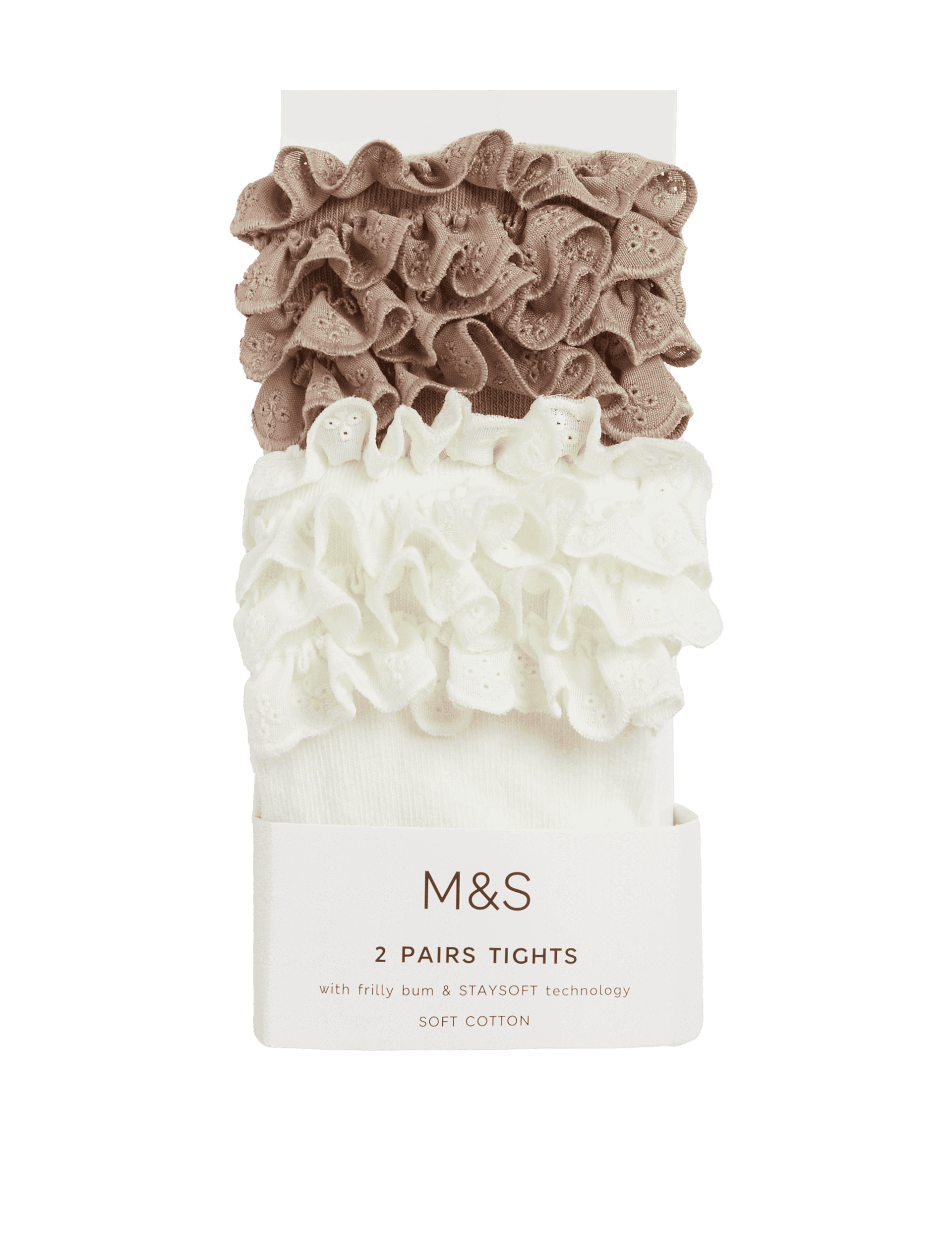 M&S Collection Girls 2 Pack Cotton Rich Frilly Tights (0-24 Mths) - 0-6M - Ivory Mix, Ivory Mix