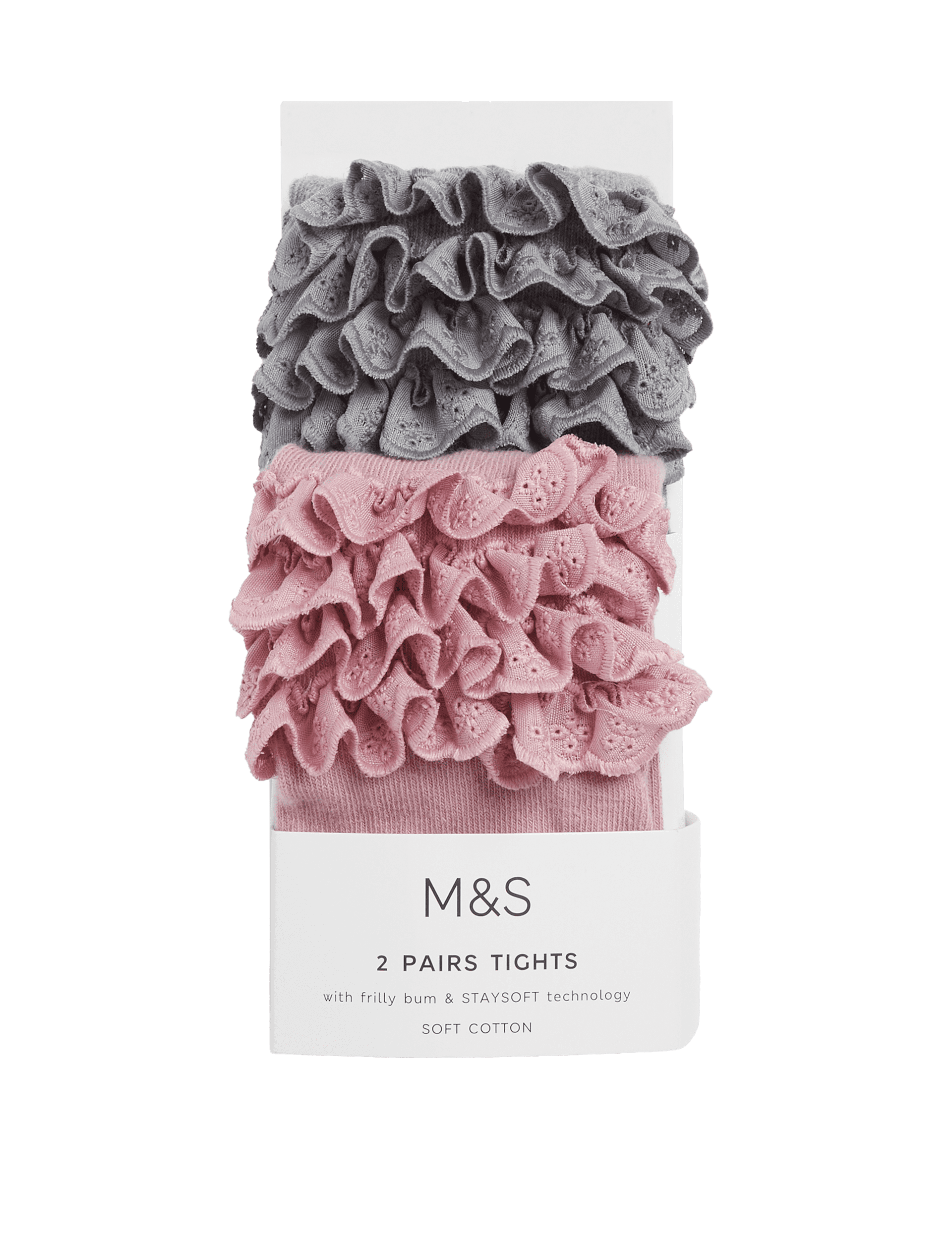 M&S Collection Girls 2 Pack Cotton Rich Frilly Tights (0-24 Mths) - 6-12M - Grey Mix, Grey Mix