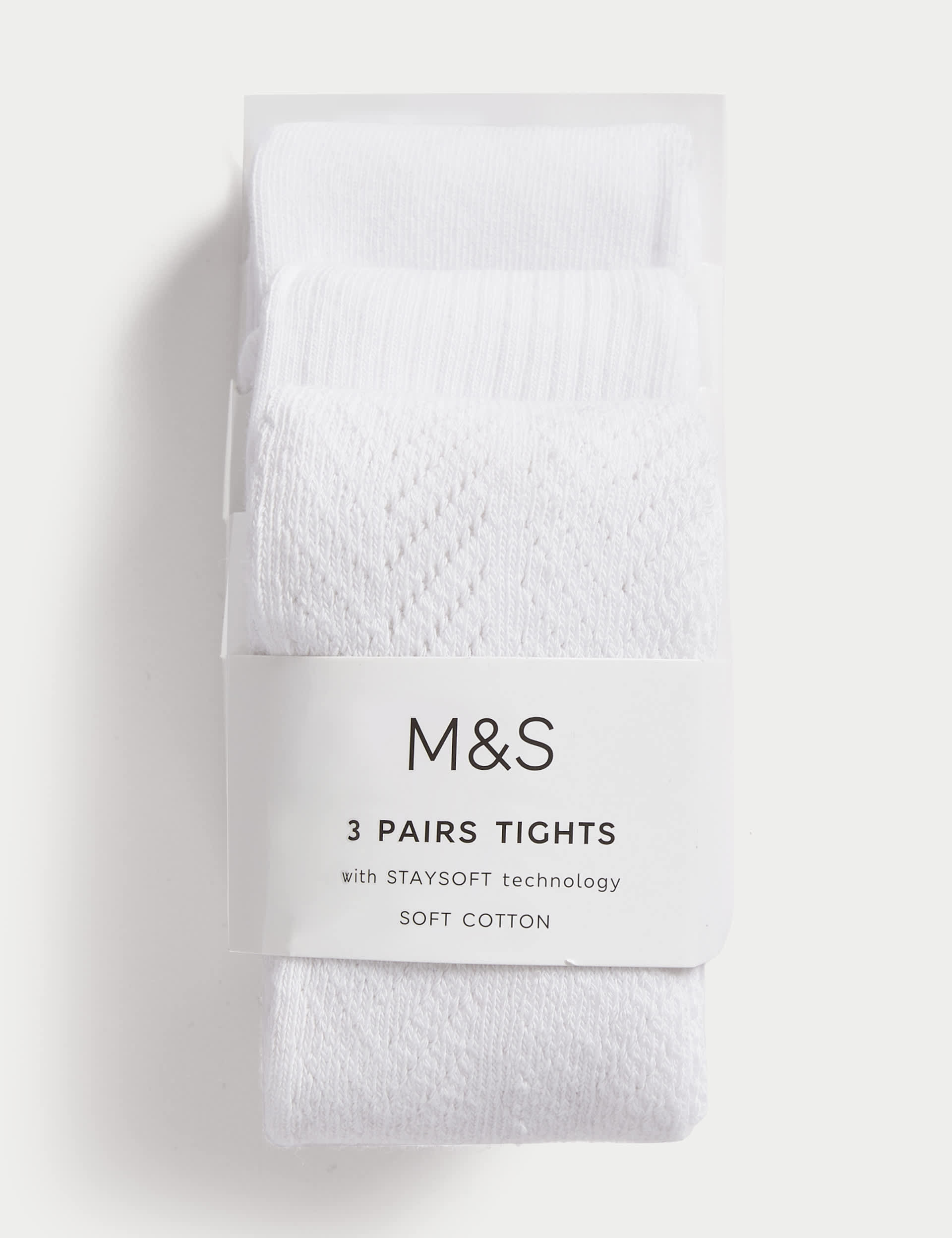 M&S Girls 3pk Cotton Rich Tights (0-2 Yrs) - 12-18 - White, White