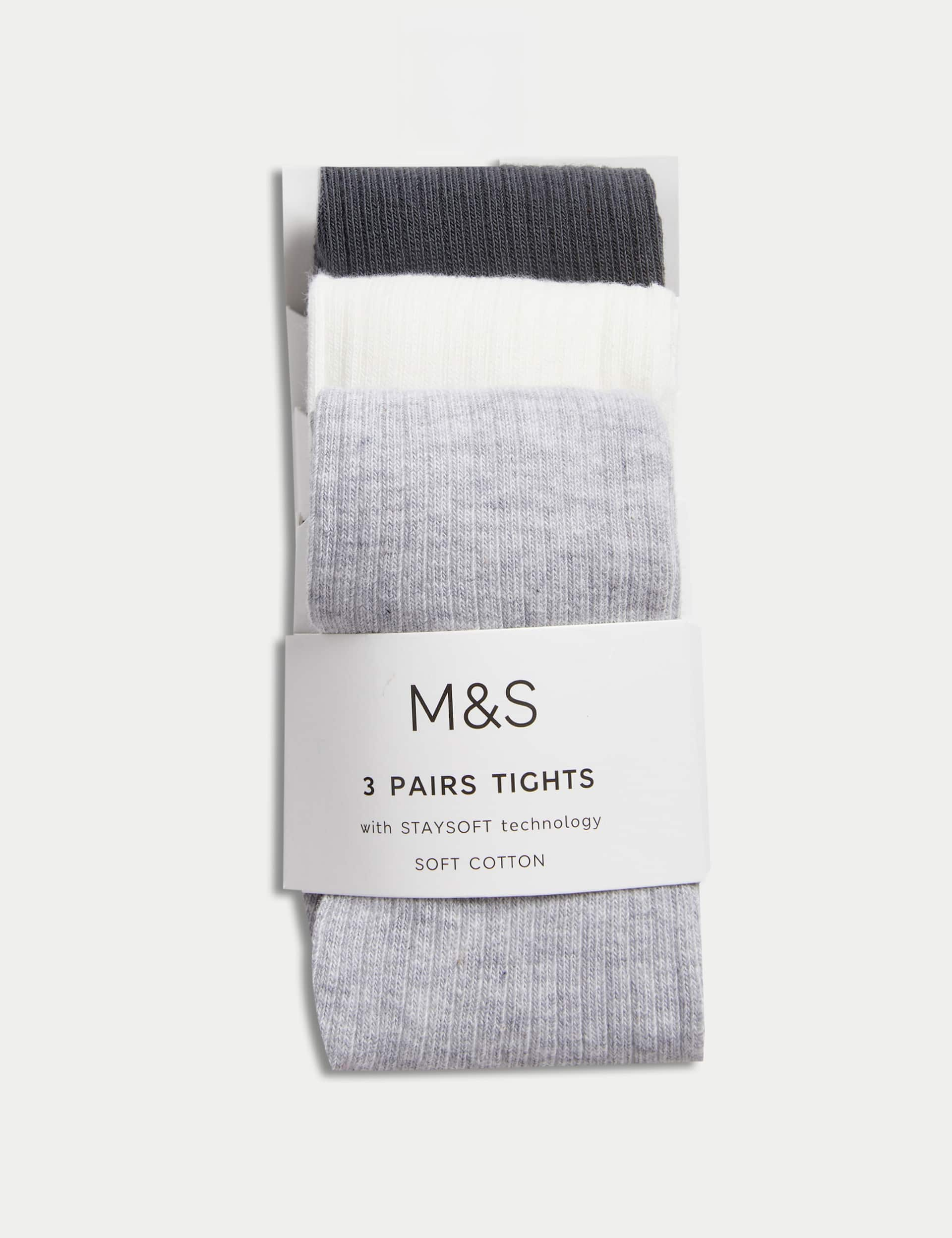 M&S Girls 3pk Cotton Rich Ribbed Tights (0 Mths - 3 Yrs) - 12-18 - Light Grey Mix, Light Grey Mix