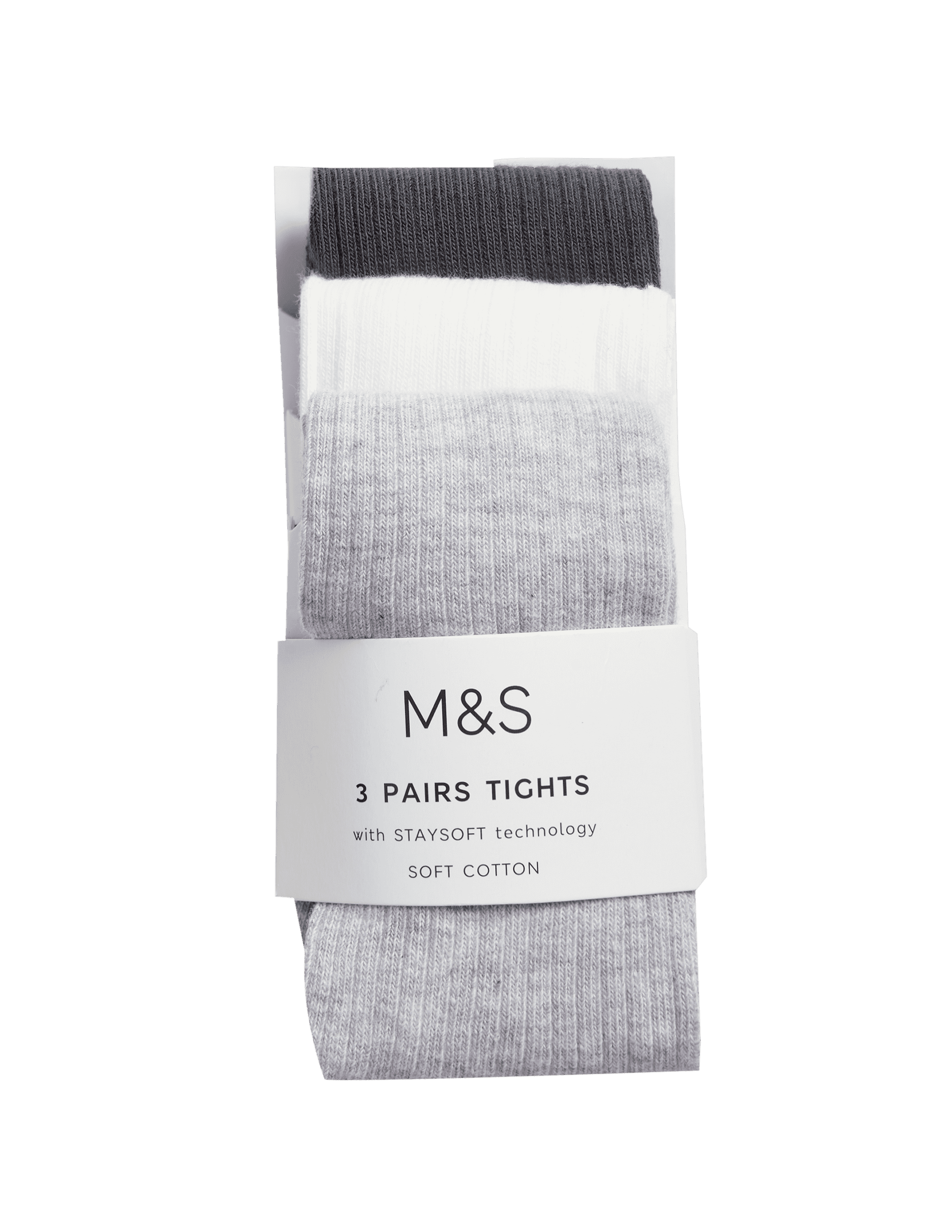 M&S Collection Girls 3pk Cotton Rich Ribbed Tights (0 Mths - 3 Yrs) - 0-6 M - Light Grey Mix, Light 