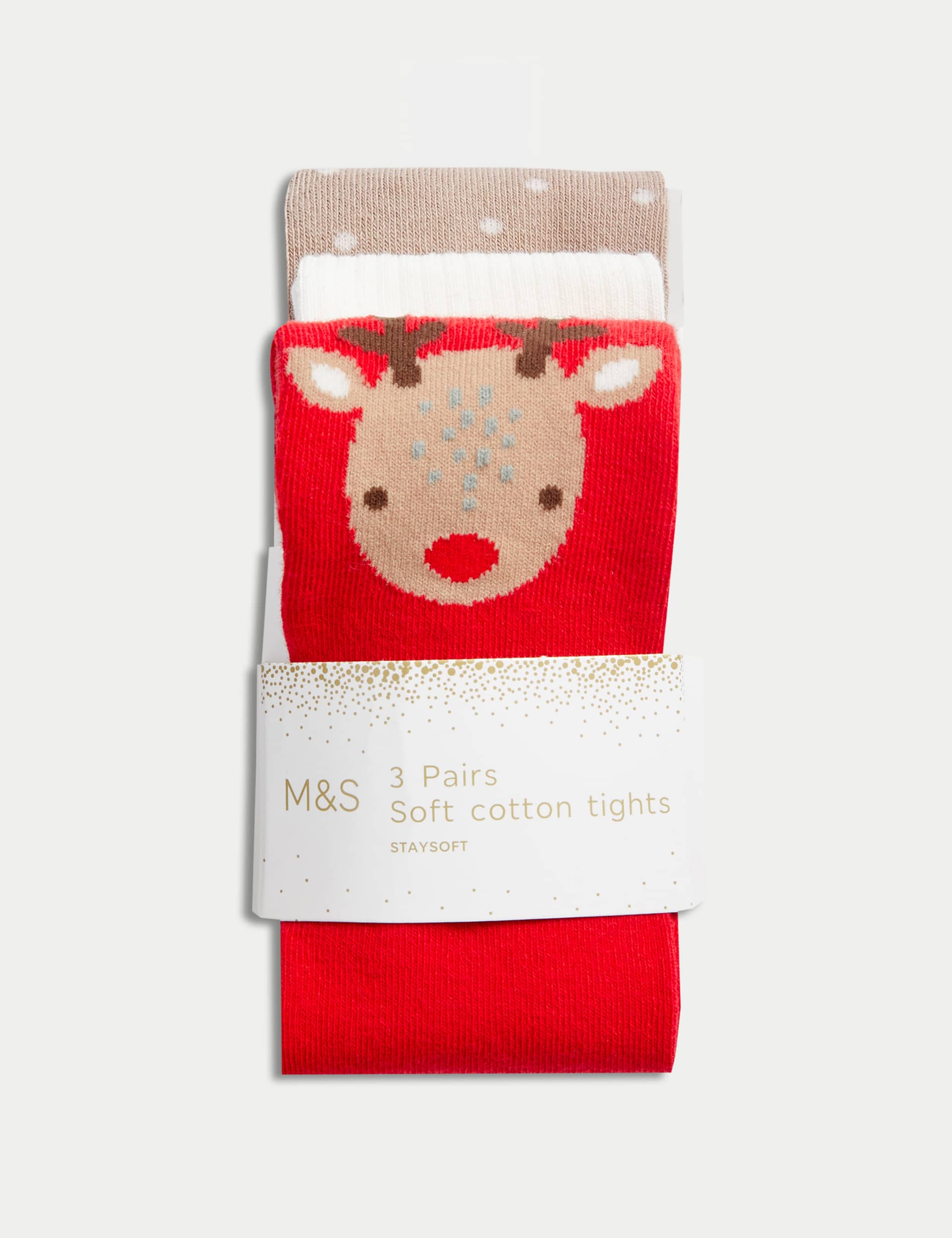 M&S Girls 3pk Cotton Rich Christmas Tights (0 Mths-3 Yrs) - 2-3Y - Red Mix, Red Mix