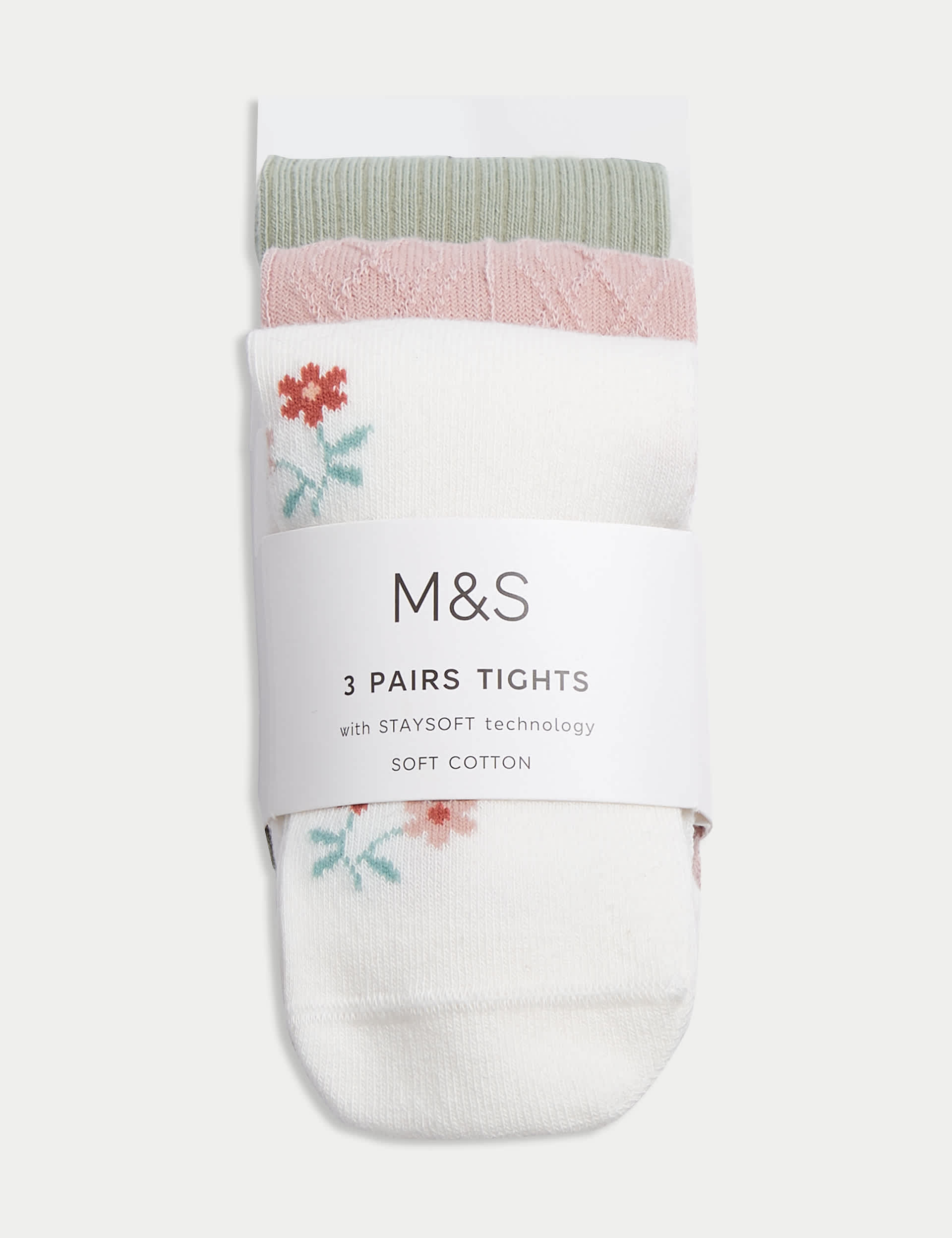 M&S Girls 3pk Cotton Rich Floral & Ribbed Tights (0-3 Yrs) - 12-18 - Light Pink Mix, Light Pink Mix