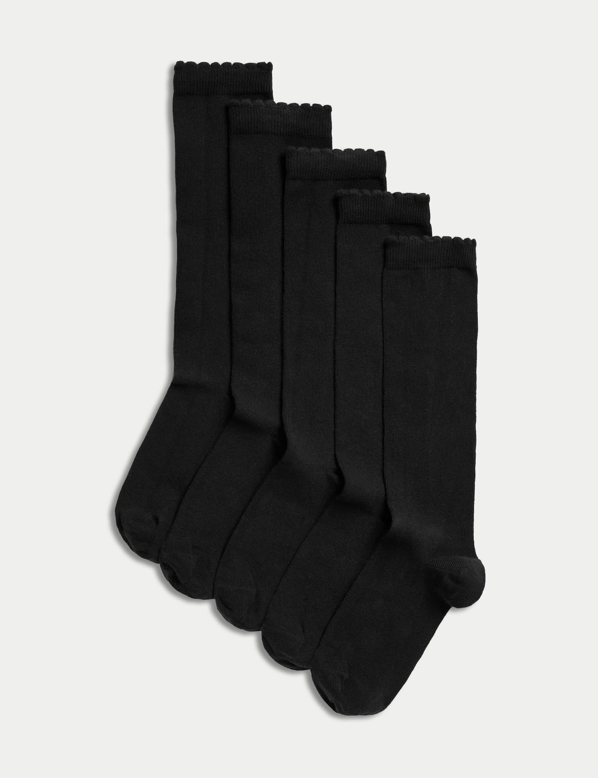 M&S Girls 5pk of Knee High Socks - 8-12 - Black, White,Black,Navy