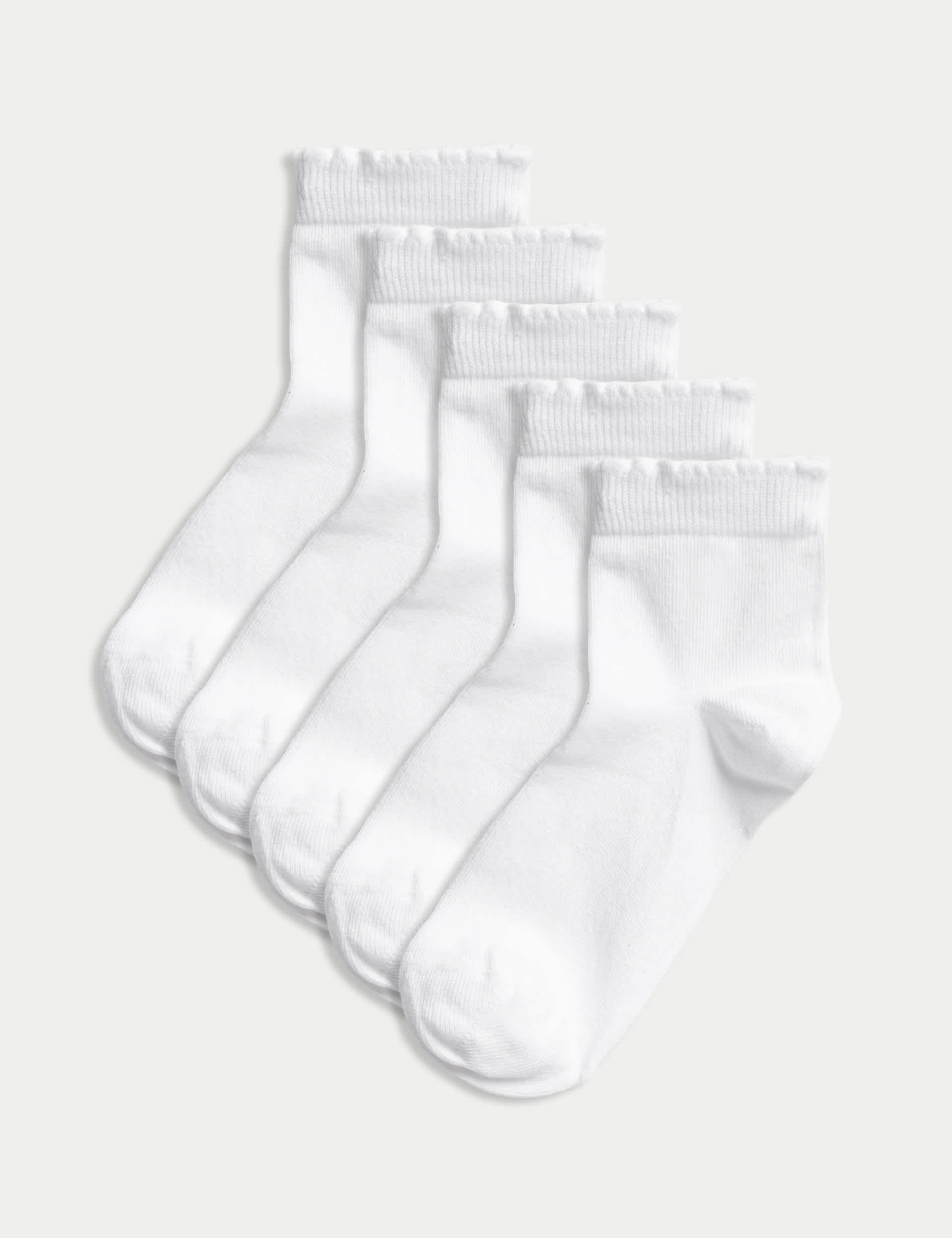 M&S Girls 5pk of Short Picot Socks - 12+3+ - White, Black,White