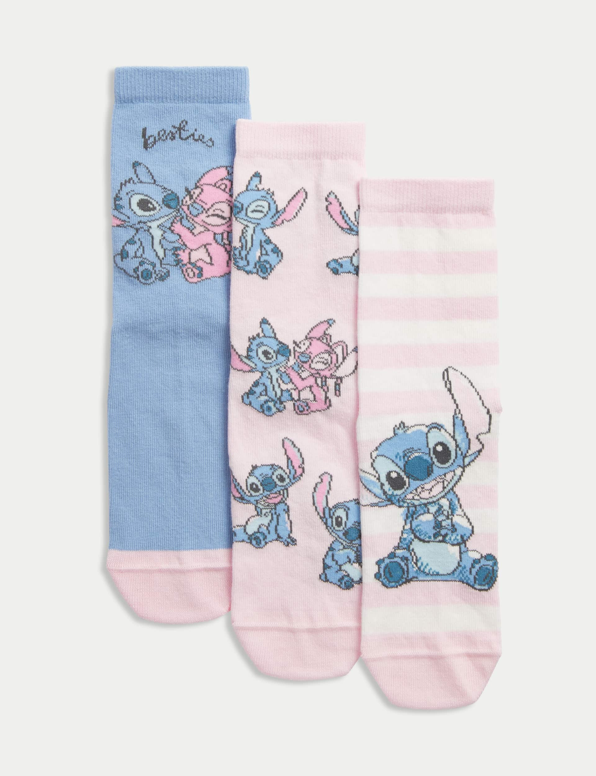 M&S Girls 3pk Cotton Rich Lilo & Stitch Socks (6 Small - 7 Large) - 8-12 - Multi, Multi