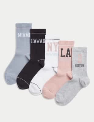 M&S Girls 5pk Cotton Blend Sports Socks (6 Small - 7 large) - 8-12 - Multi, Multi