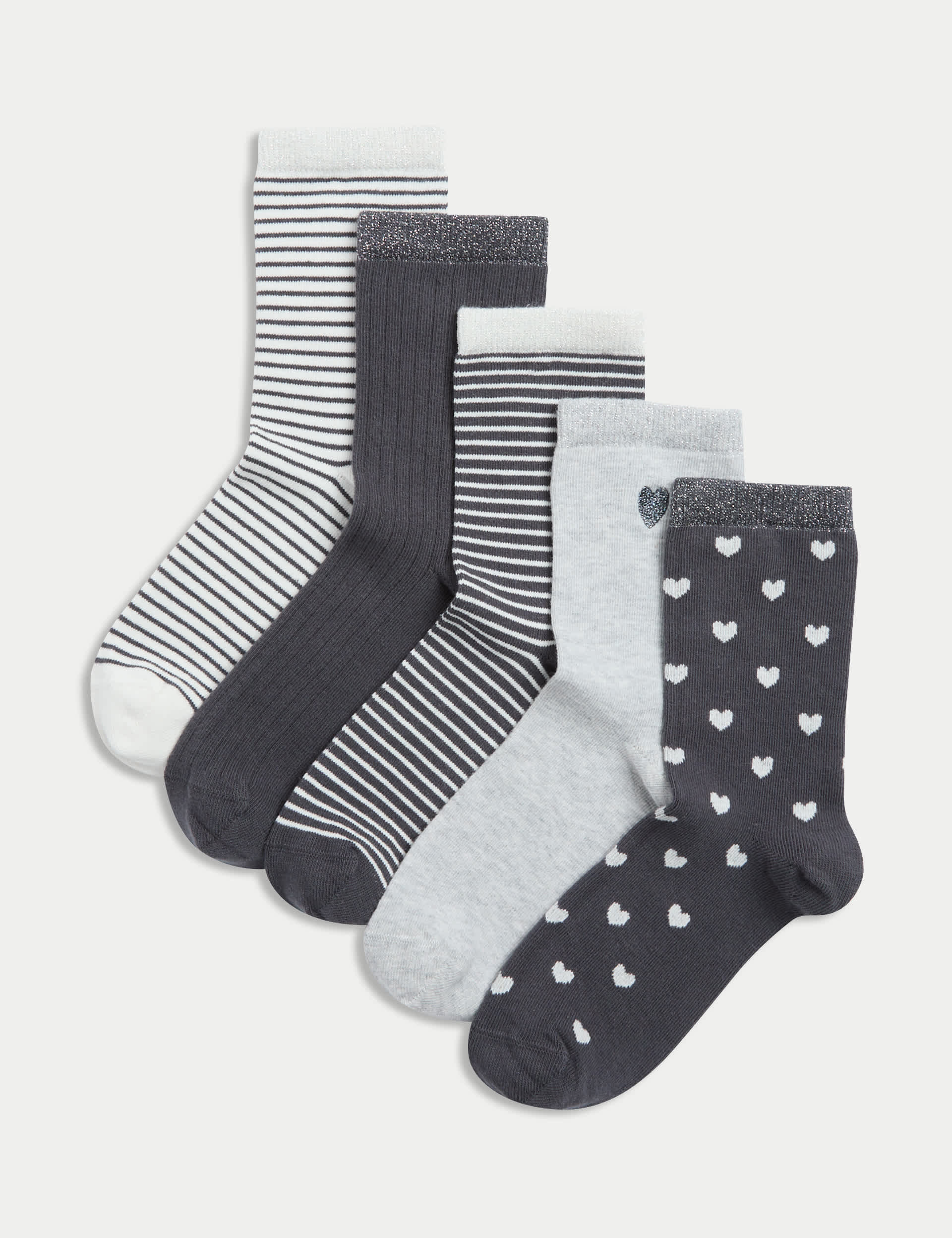 M&S Girls 5pk Cotton Rich Patterned Socks (6 Small - 7 Large) - 8-12 - Multi, Multi