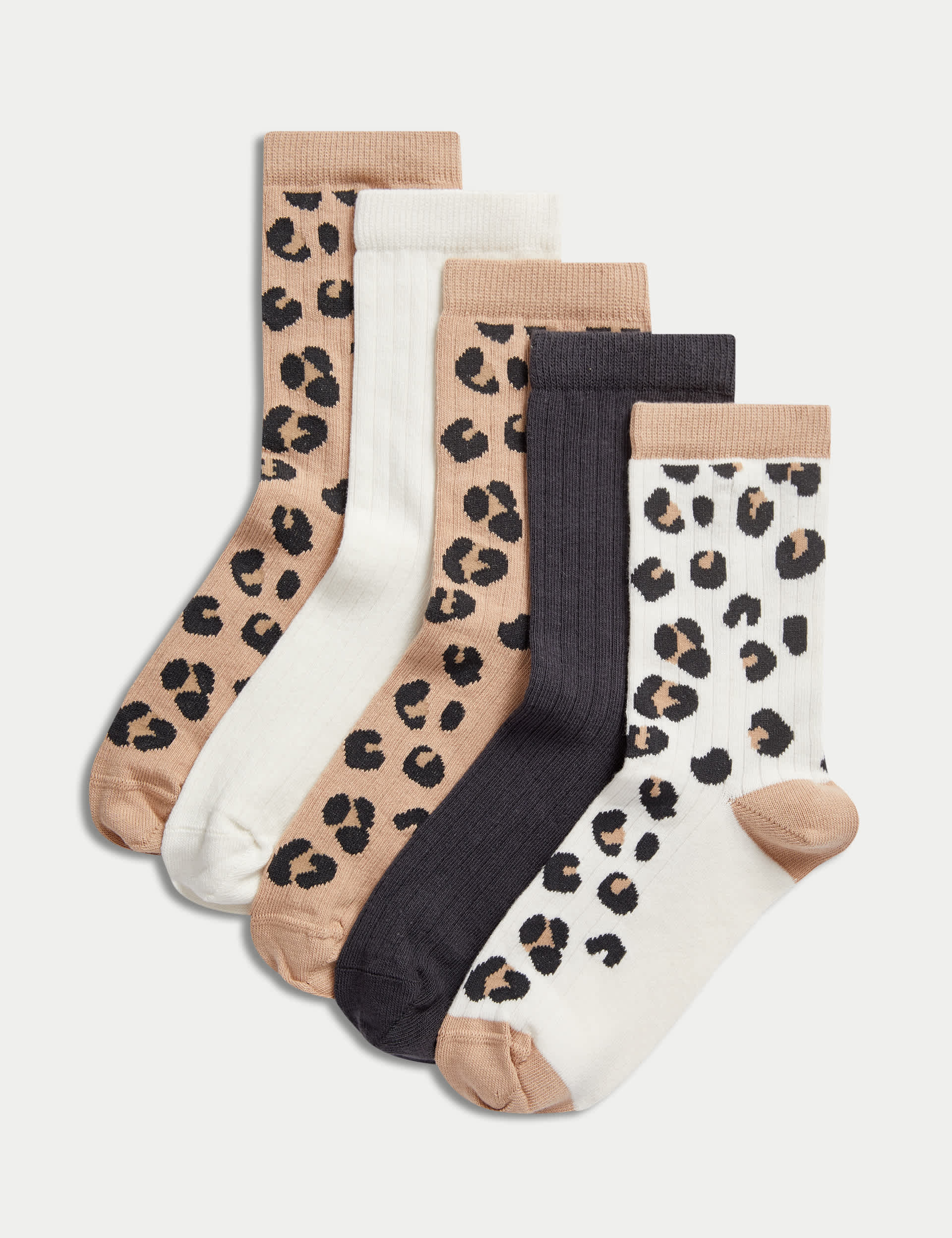 M&S Girls 5pk Cotton Rich Leopard Ribbed Socks (6 Small - 7 Large) - 12+3+ - Multi, Multi