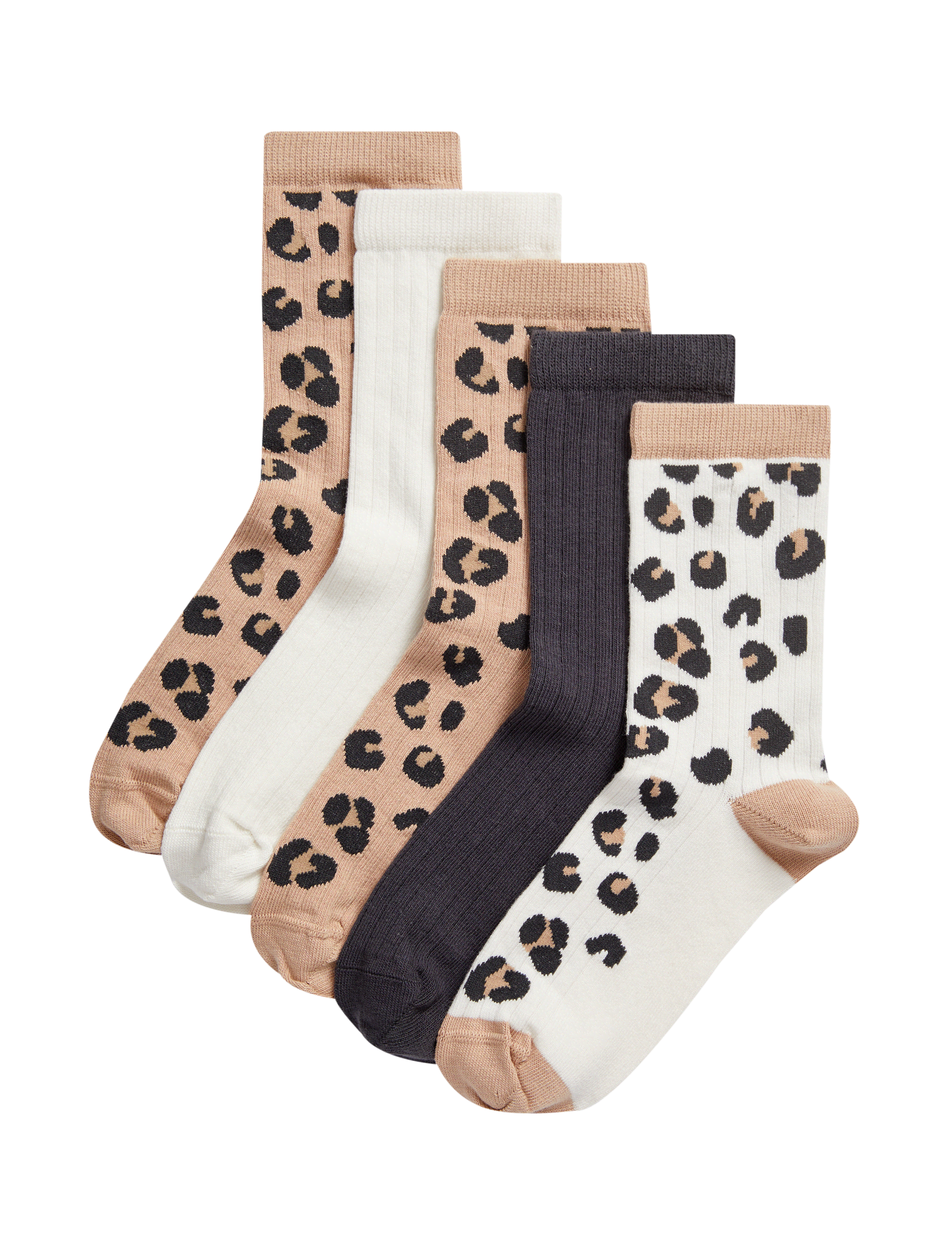 M&S Collection Girls 5pk Cotton Rich Leopard Ribbed Socks (6 Small - 7 Large) - 8-12 - Multi, Multi