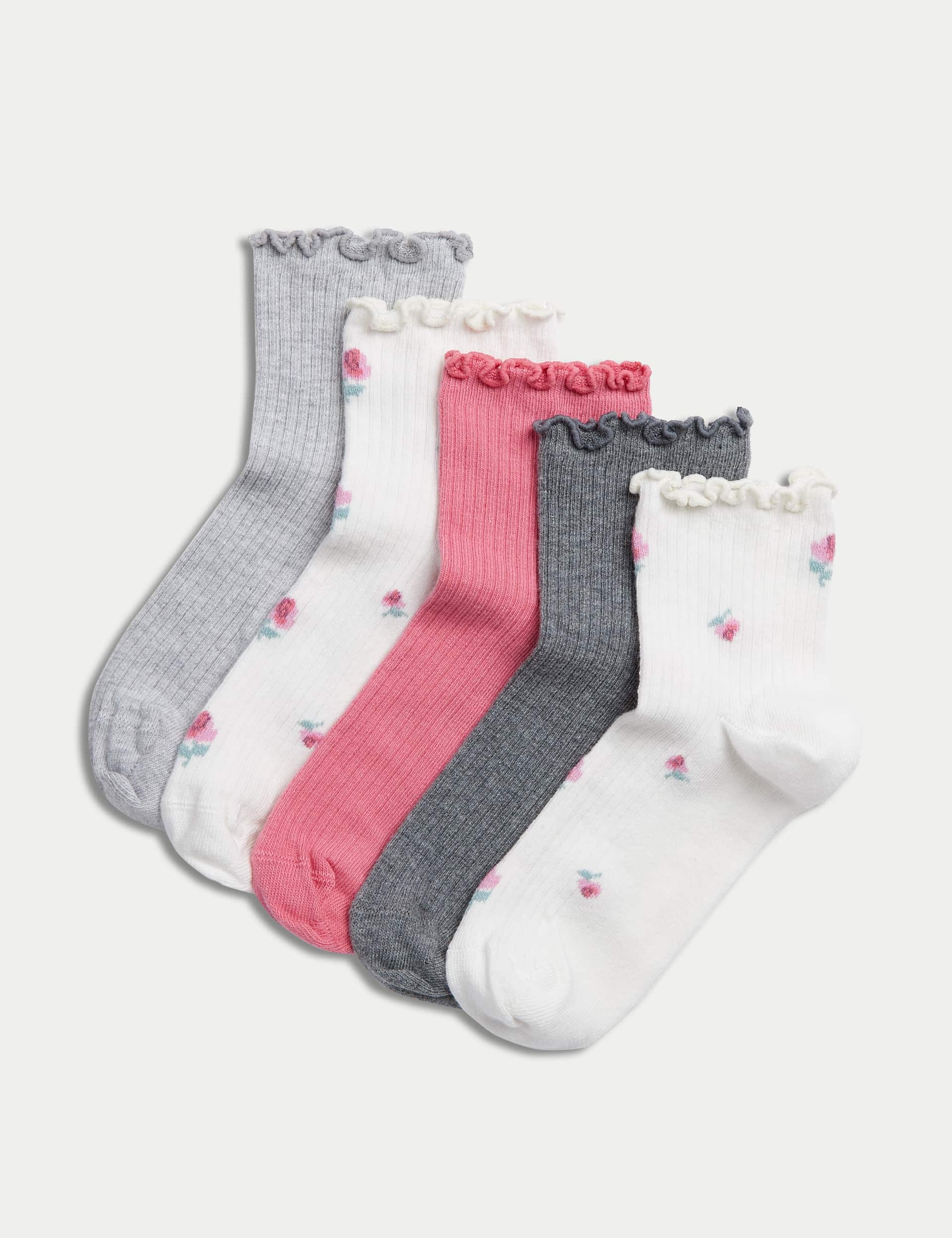 M&S Girls 5pk Cotton Rich Floral Ribbed Socks (6 Small - 7 Large) - 12+3+ - Multi, Multi