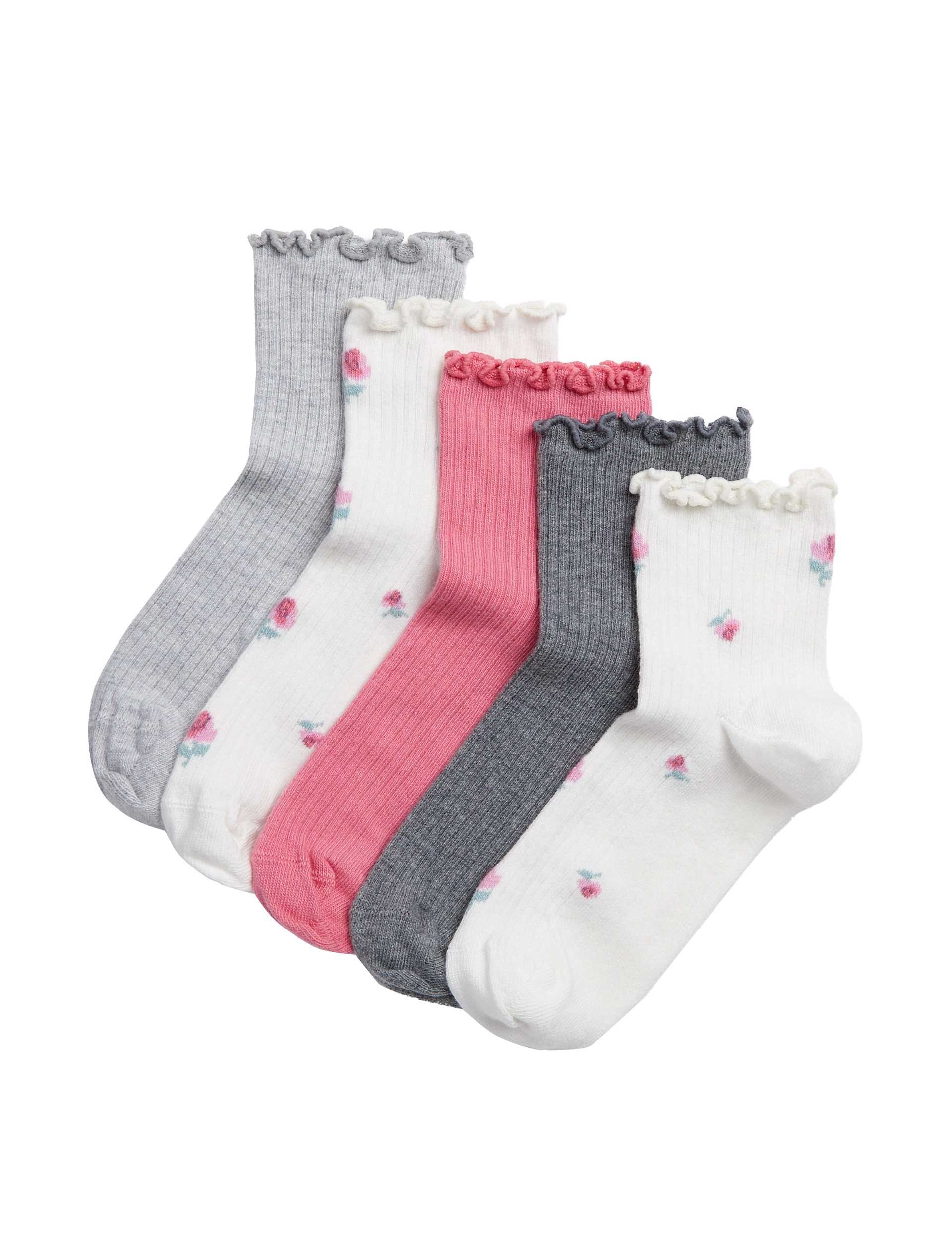 M&S Collection Girls 5pk Cotton Rich Floral Ribbed Ankle Socks (6 Small - 7 Large) - 8-12 - Multi, M