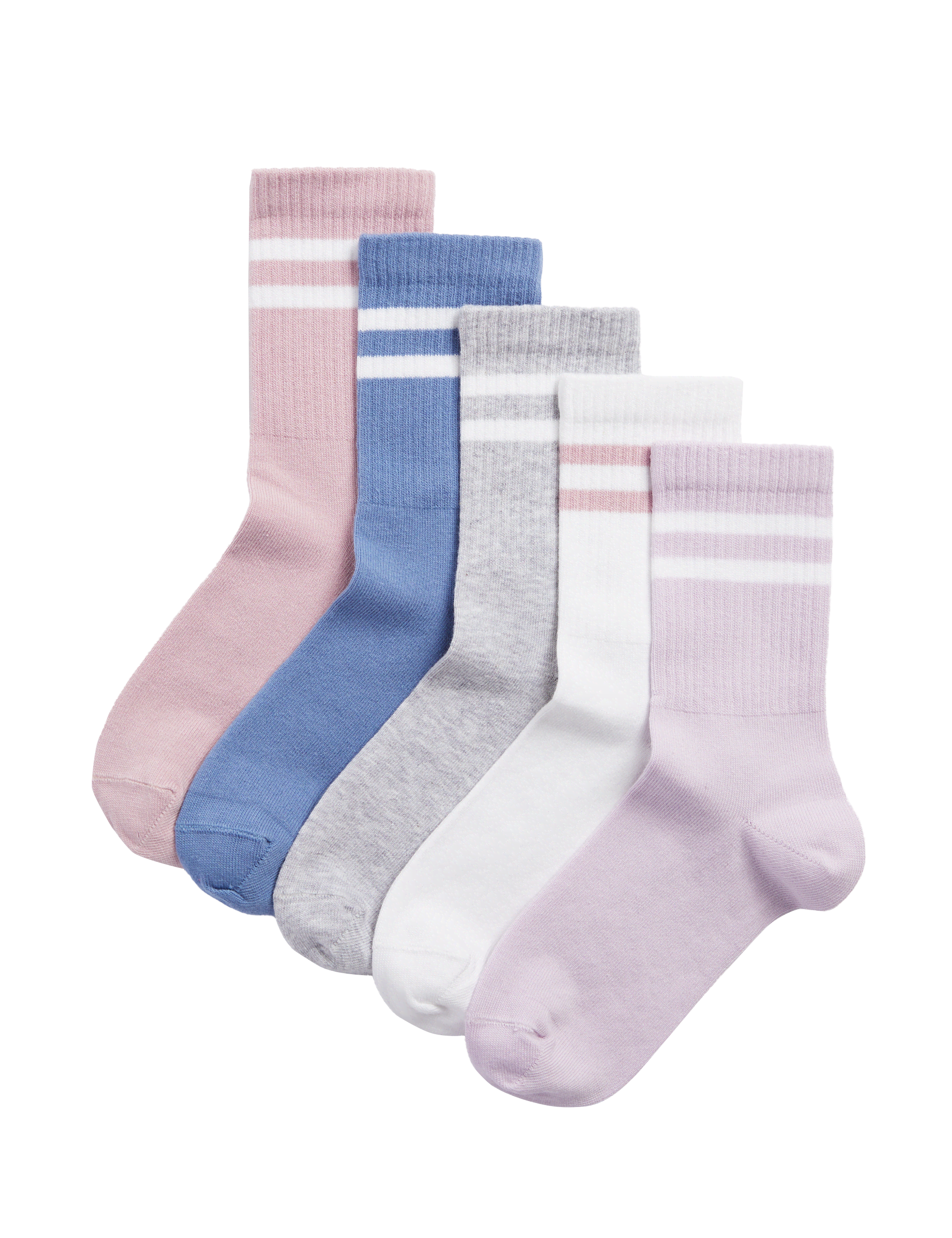 M&S Collection Girls 5pk Cotton Rich Ankle Stripe Sports Socks (6 Small - 7 Large) - 8-12 - Multi, M