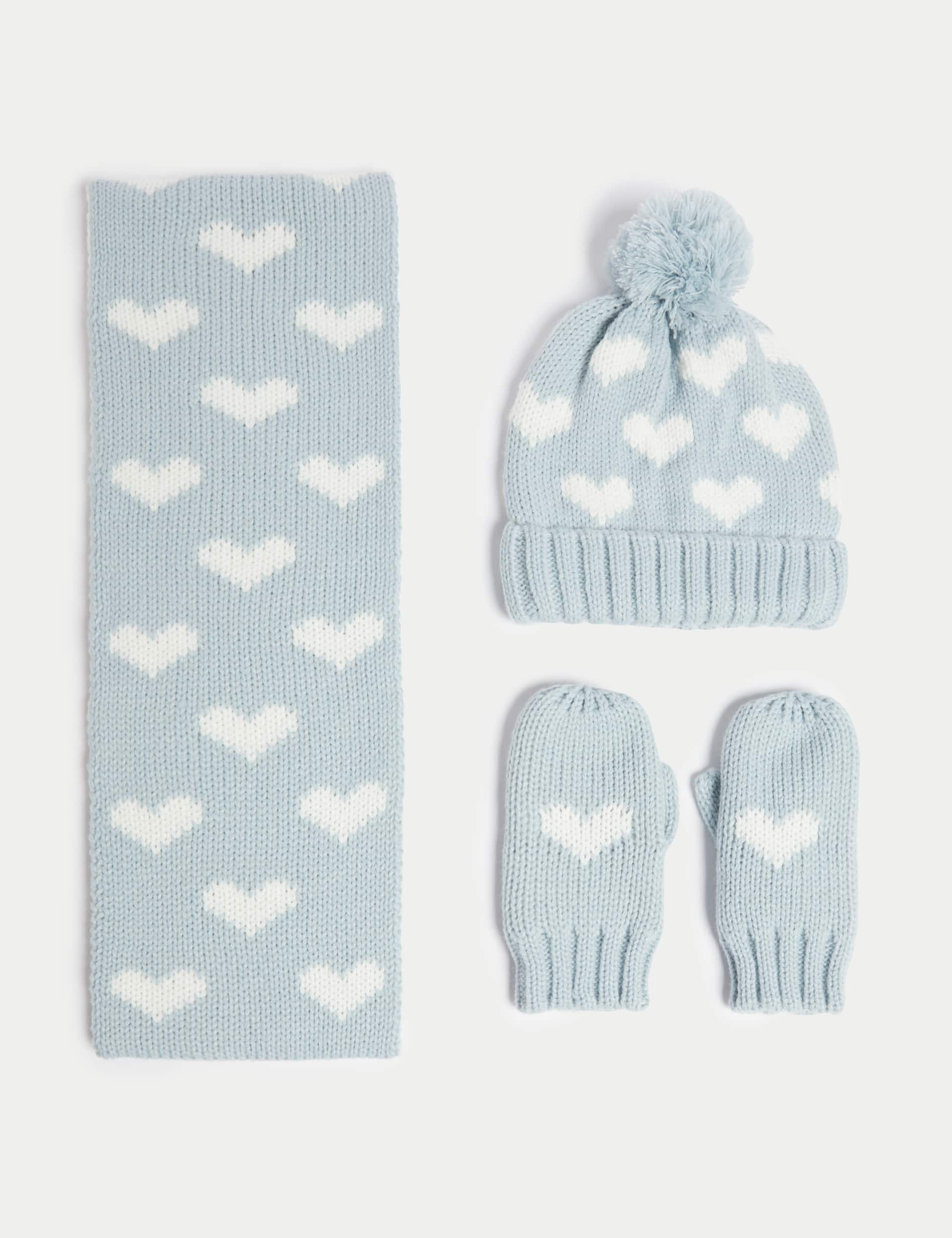 M&S Kids Heart Hat, Scarf and Mitten Set (1-6 Yrs) - 3-6y - Blue Mix, Blue Mix