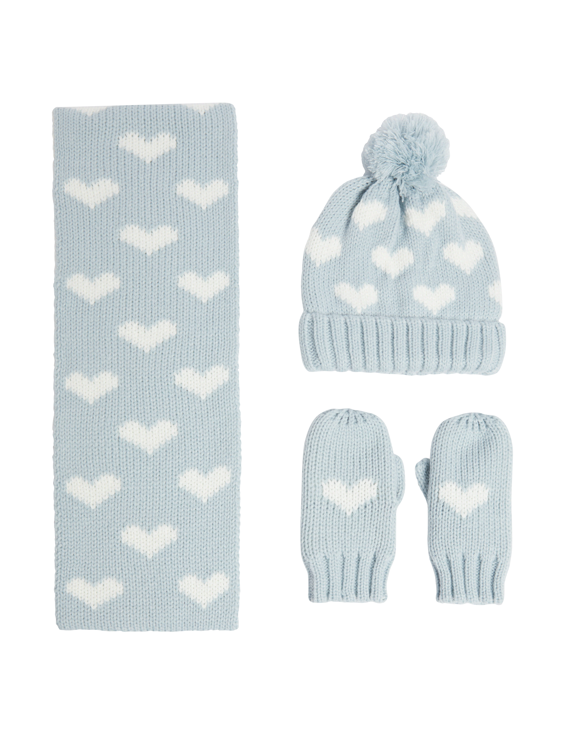 M&S Collection Kids Heart Hat, Scarf and Mitten Set (1-6 Yrs) - 3-6y - Blue Mix, Blue Mix