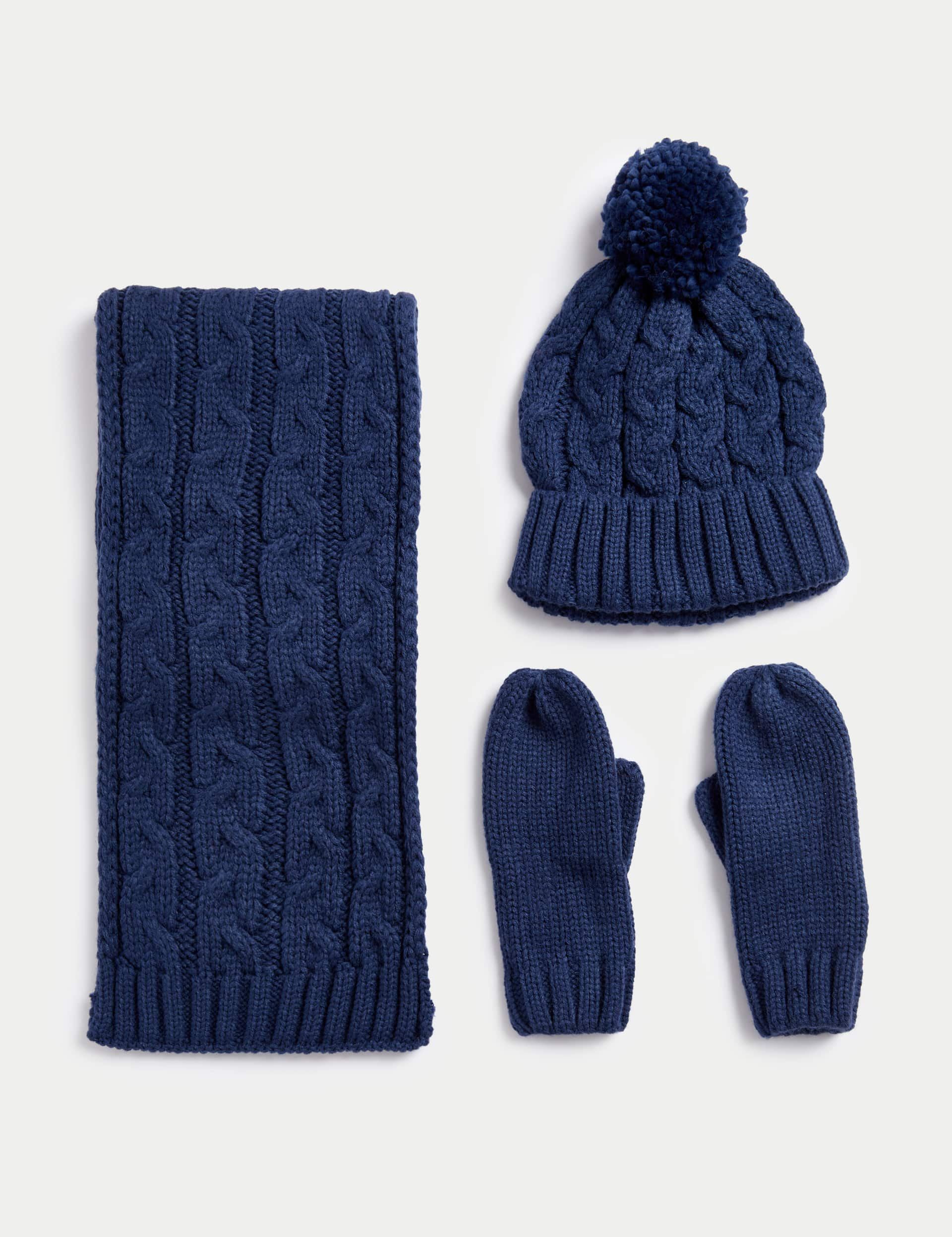 M&S Kids Cable Knit Hat, Scarf and Mitten Set (1-13 Yrs) - 6-13Y - Indigo, Indigo