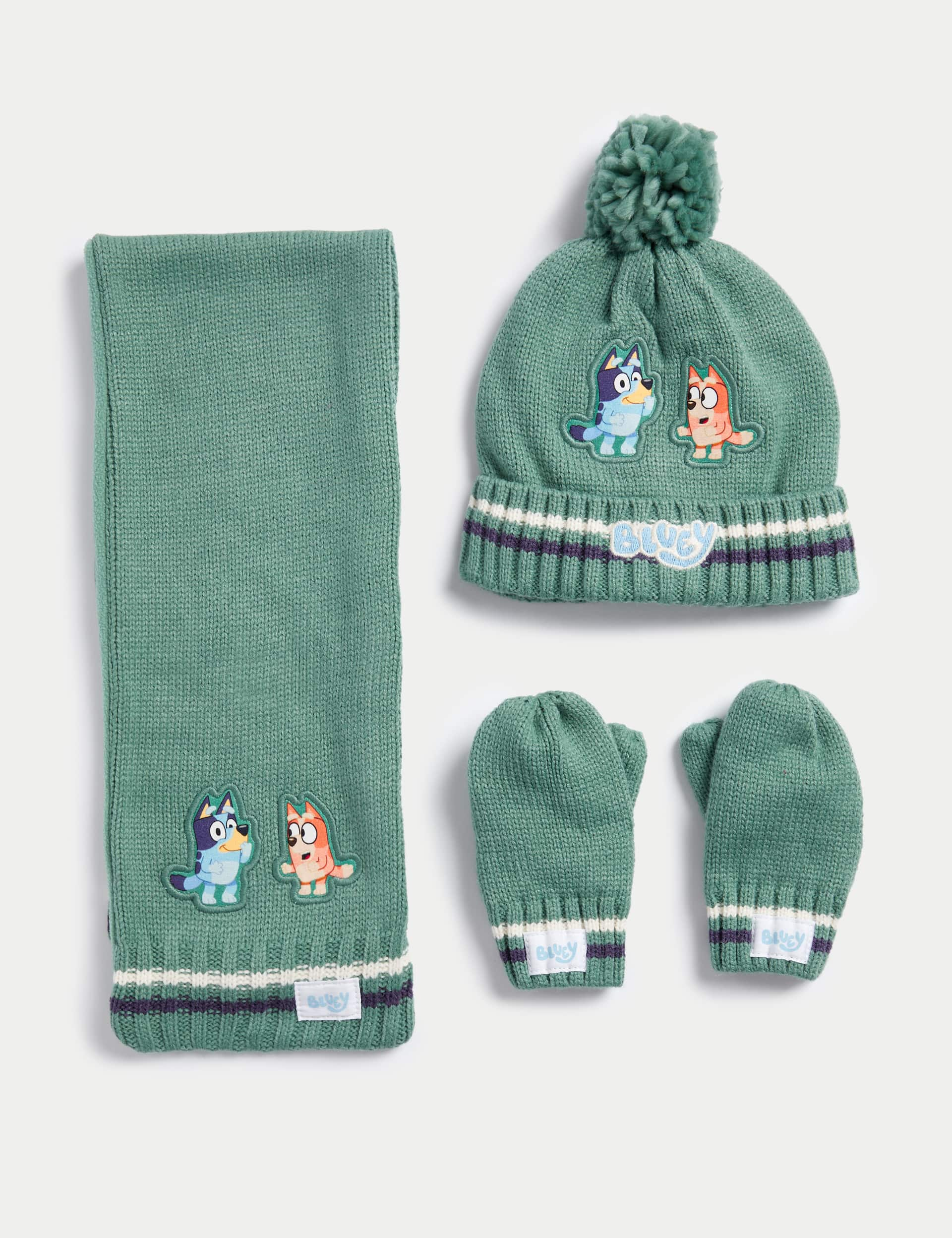 M&S Kids Bluey Hat, Scarf and Mittens Set (1-6 Yrs) - 3-6y - Green, Green