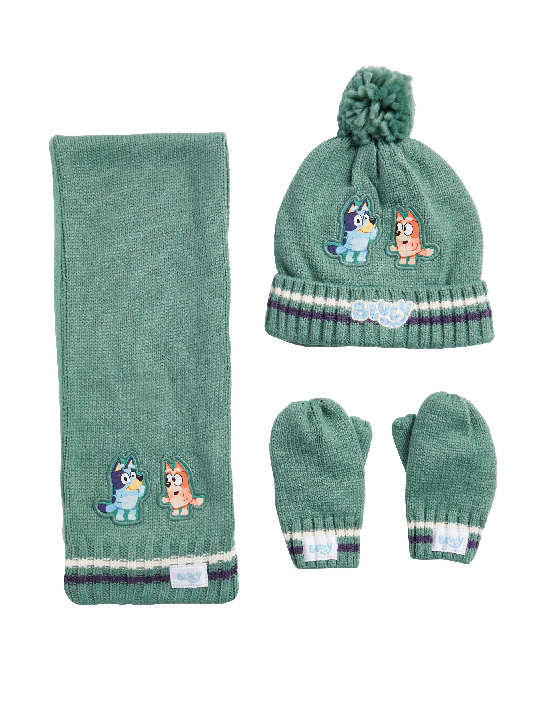 M&S Collection Kids Bluey Hat, Scarf and Mittens Set (1-6 Yrs) - 1-3 Y - Green, Green