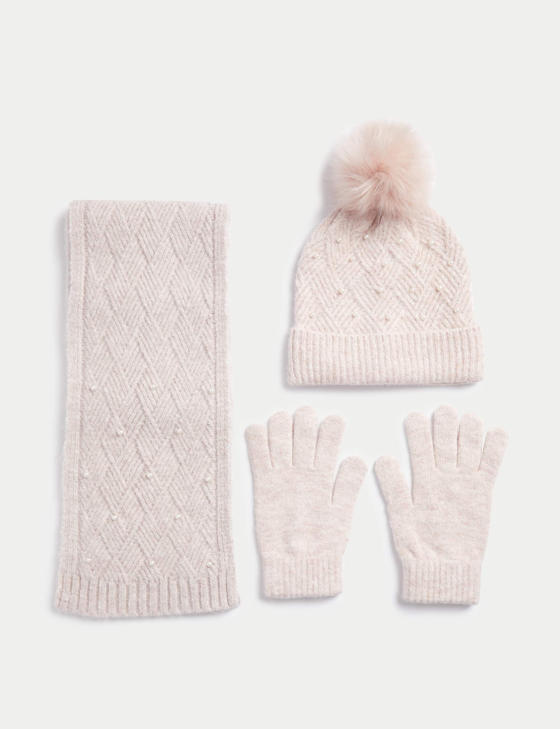 M&S Kids Beaded Hat, Scarf and Gloves Set (6-13 Yrs) - 6-13Y - Oatmeal, Oatmeal