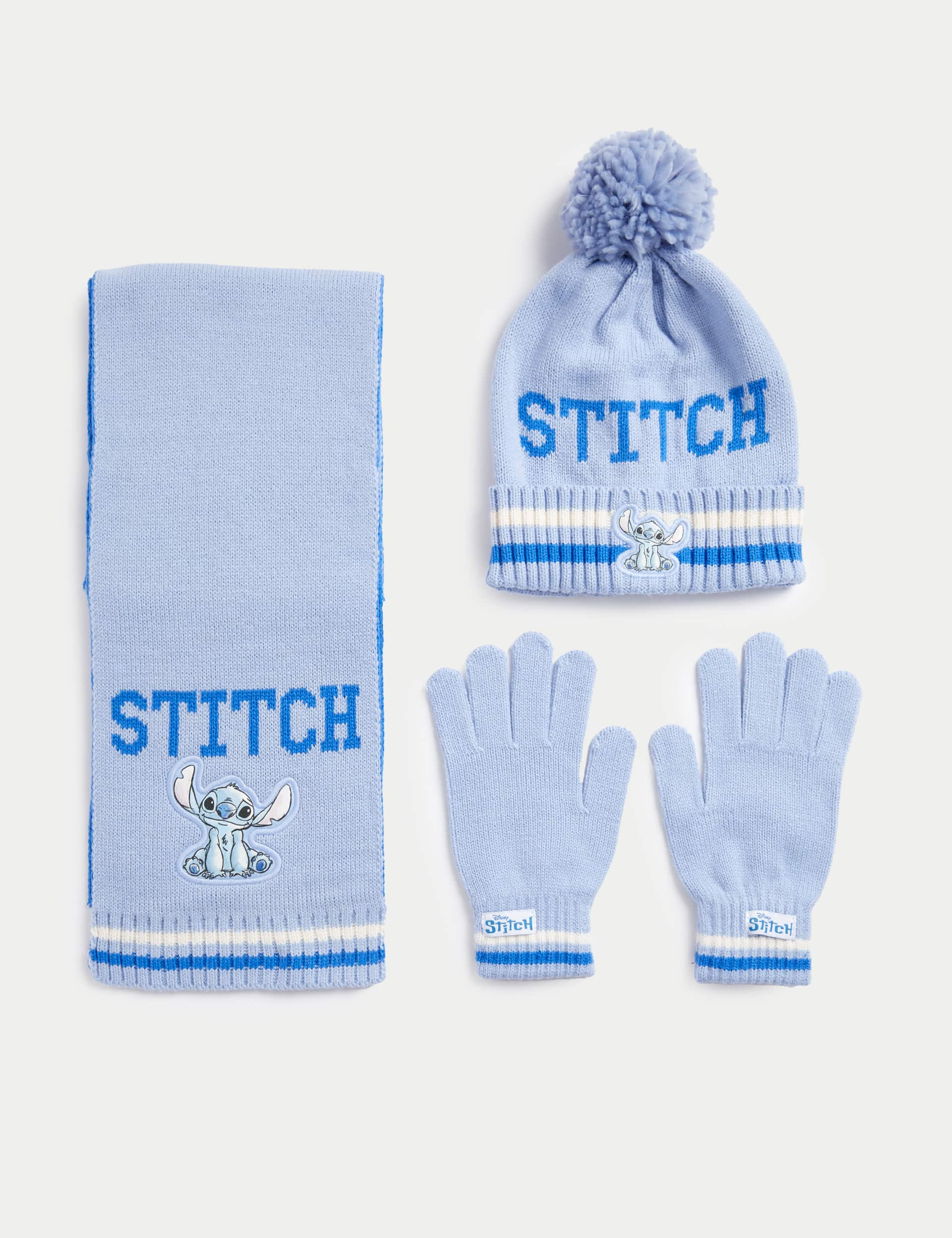 M&S Kids Lilo & Stitch Hat, Scarf and Glove Set - 6-13Y - Blue, Blue