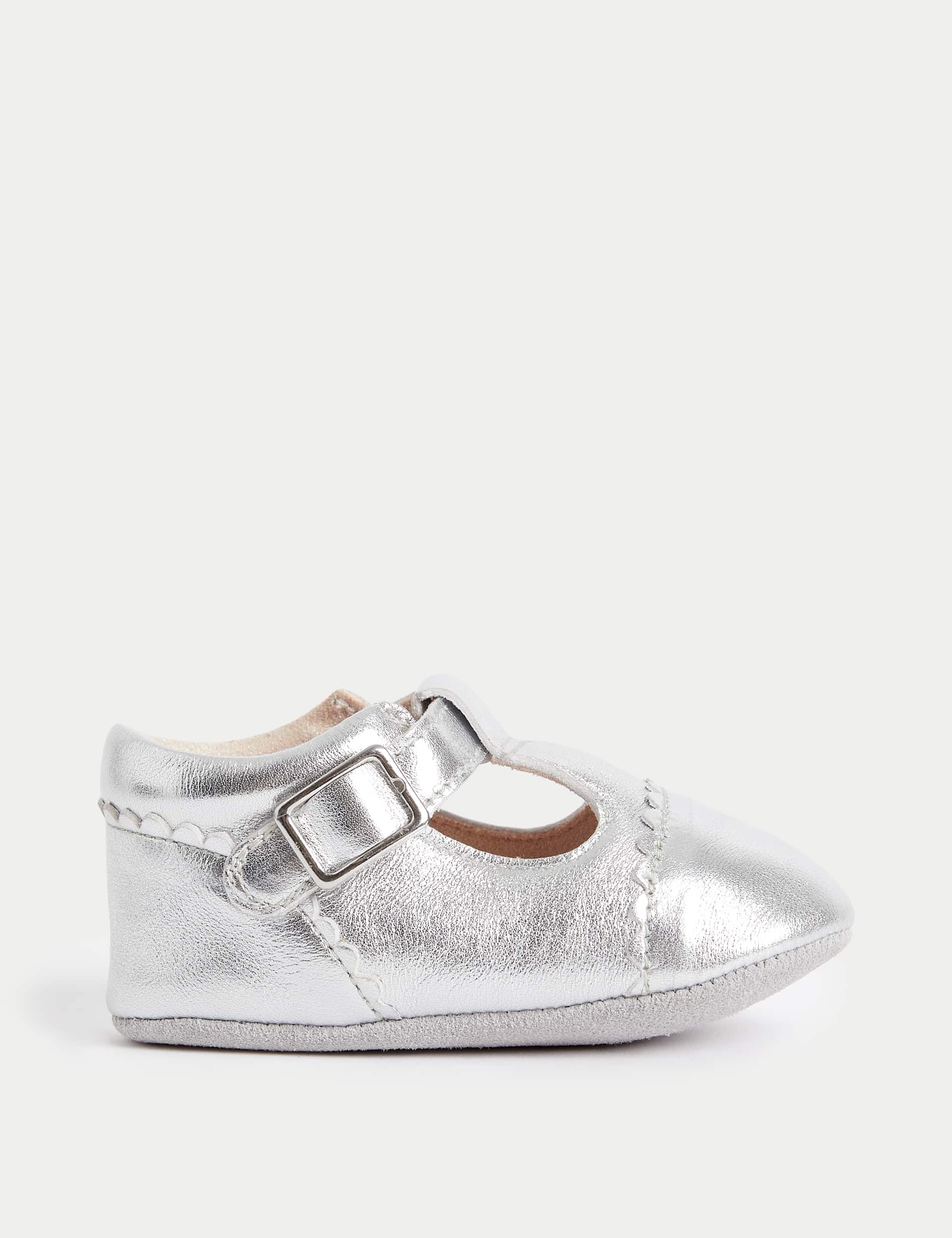 M&S Baby Leather Metallic T-Bar Pre-Walker Shoes (0-18 Mths) - 12-18 - Silver, Silver