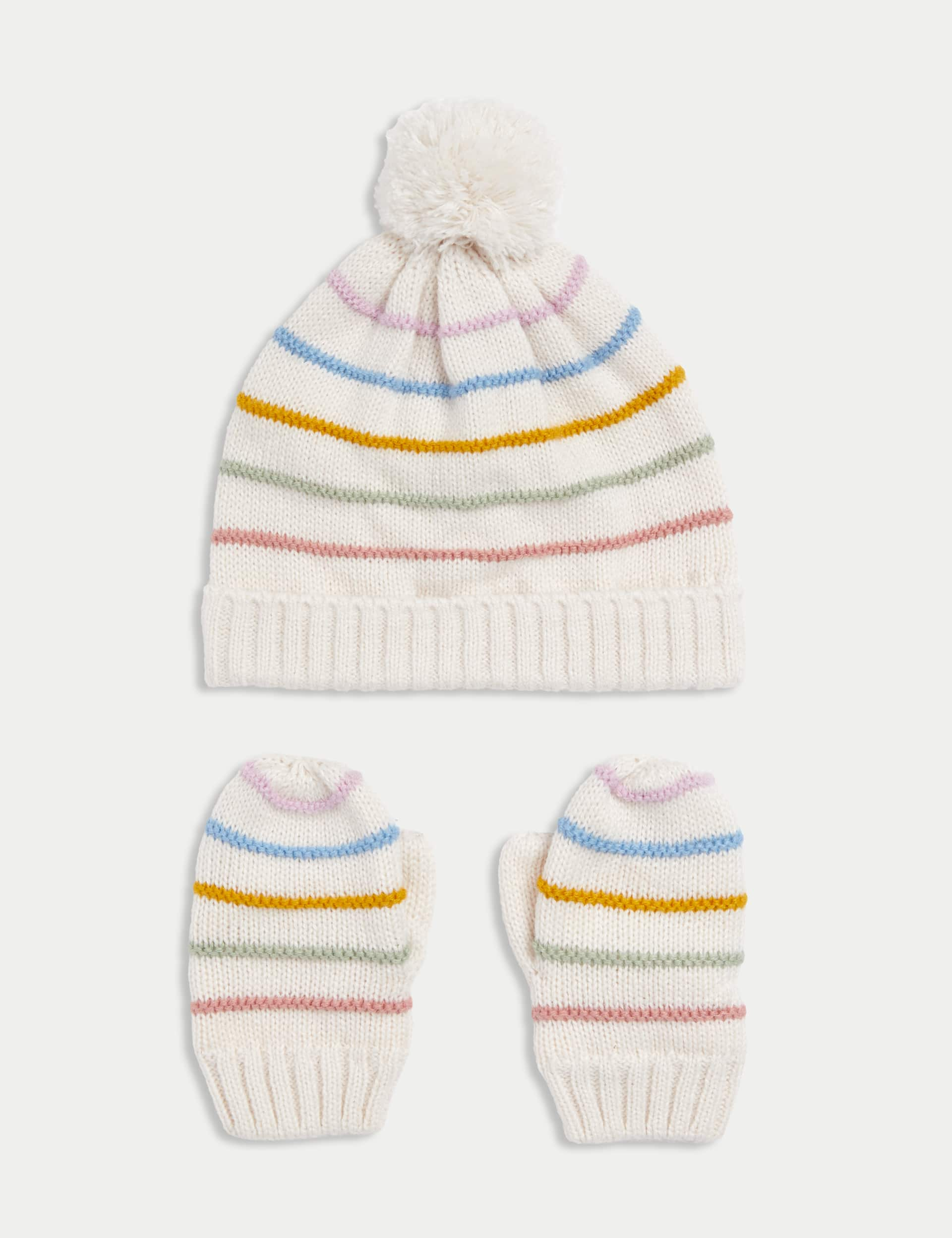 M&S Kids Striped Hat and Mitten Set (0-3 Yrs) - 6-12M - Ecru, Ecru