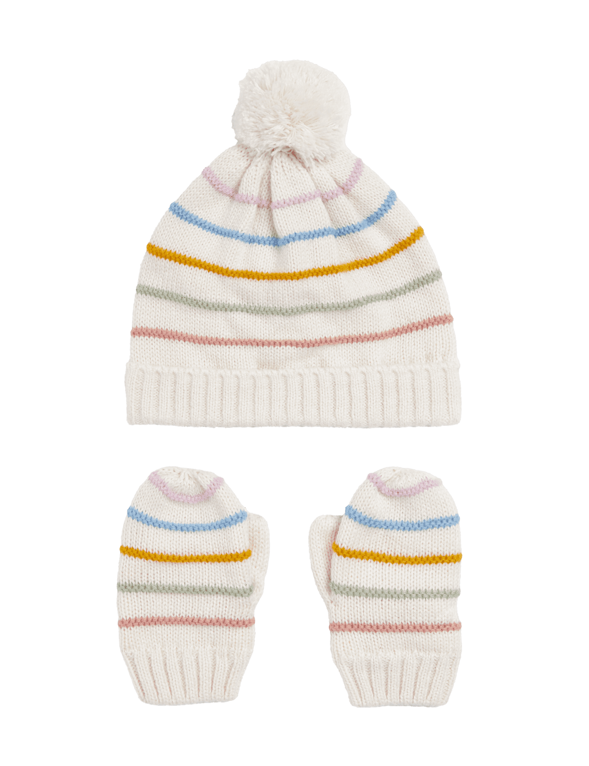 M&S Collection Kids Striped Hat and Mitten Set (0-3 Yrs) - 6-12M - Ecru, Ecru