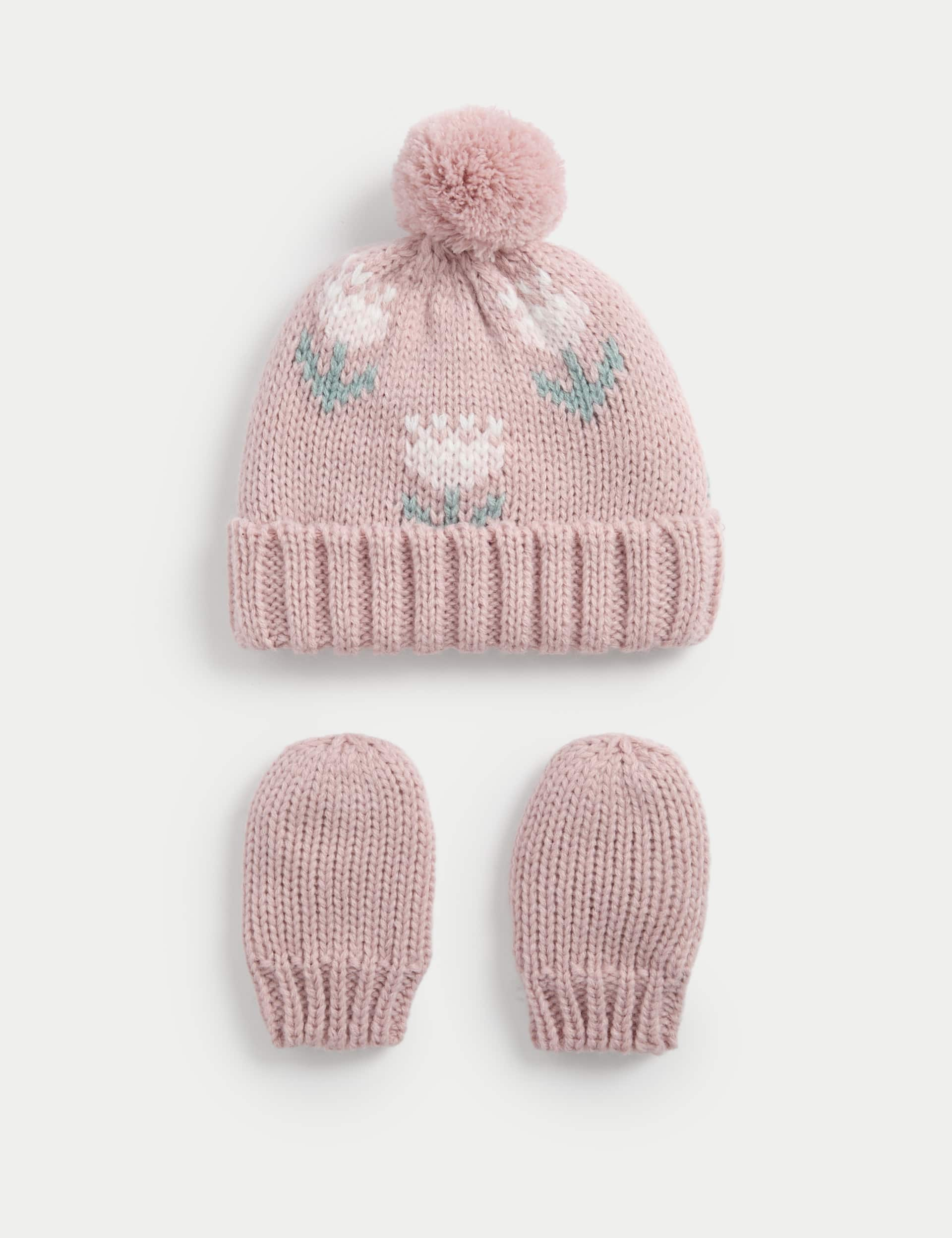 M&S Girls Floral Hat and Mitten Set (0 Mths-3 Yrs) - 6-12M - Dusted Pink, Dusted Pink