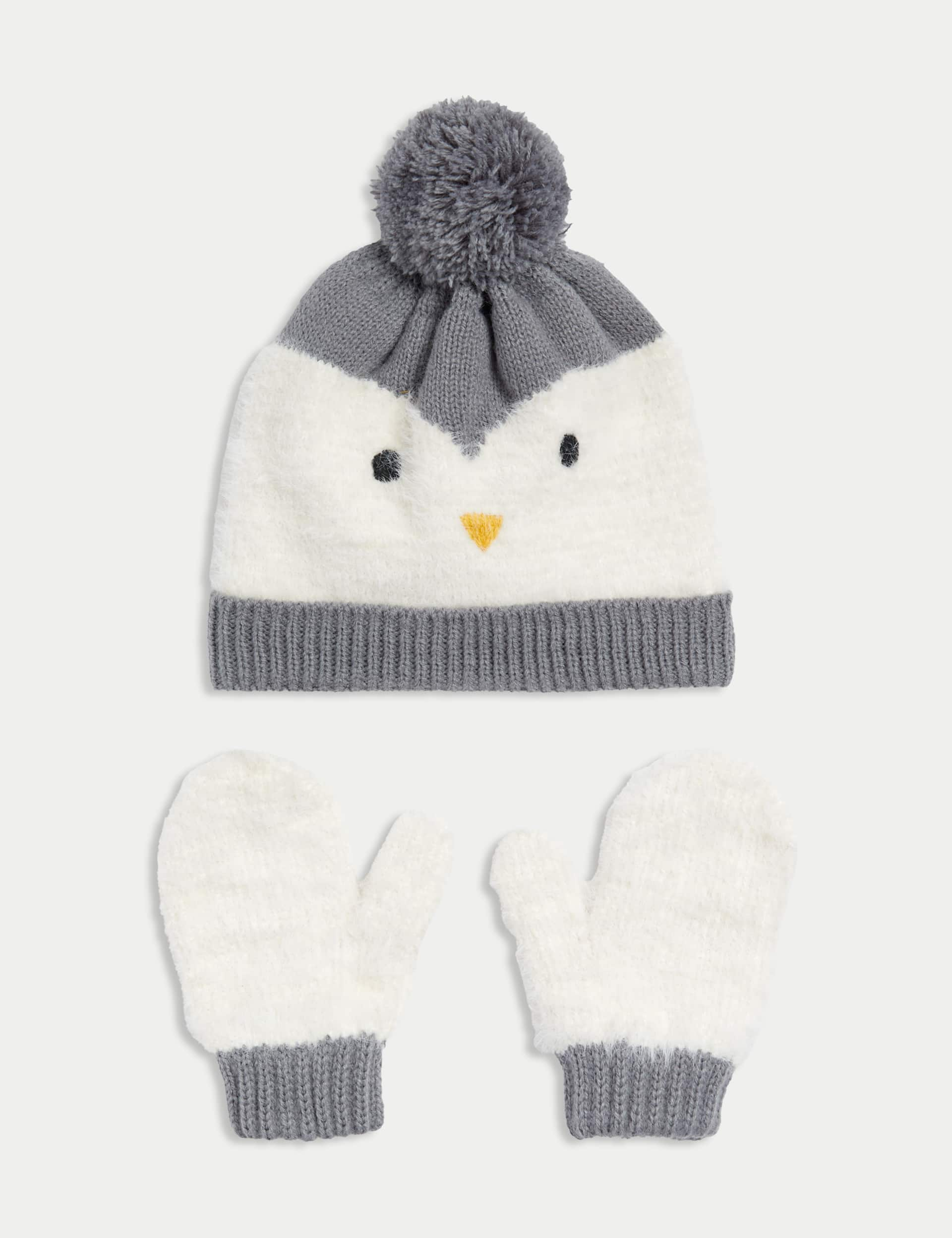 M&S Kids Penguin Hat and Mitten Set (0-3 Yrs) - 1-3 Y - Grey Mix, Grey Mix