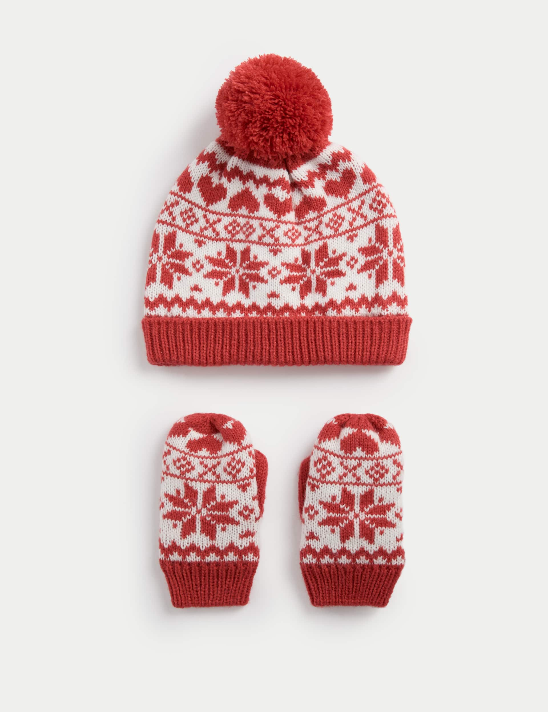 M&S Kid's Cotton Rich Hat and Mitten Set (3 Mths-3 Yrs) - 1-3 Y - Red, Red