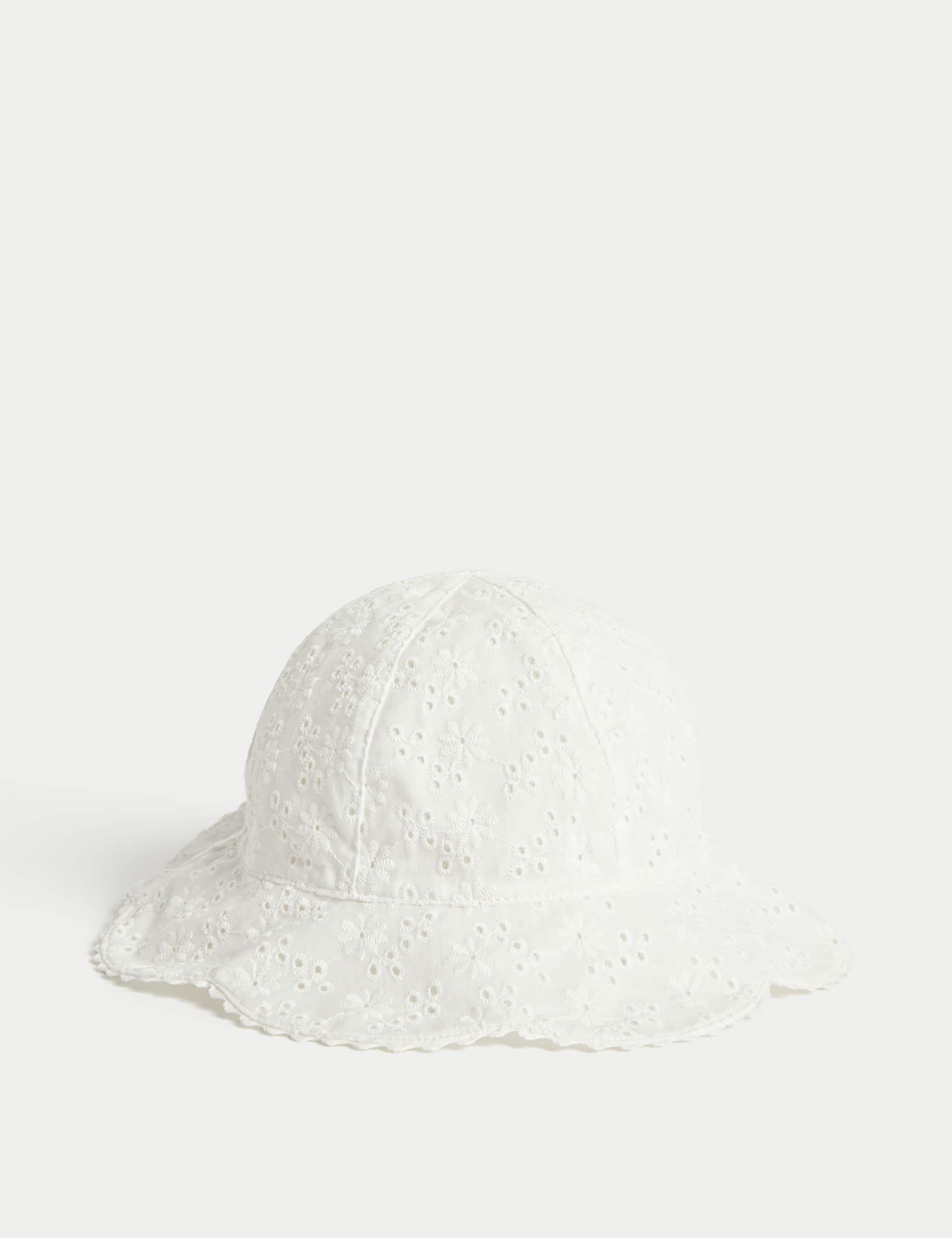 M&S Kids Pure Cotton Embroidered Sun Hat (1-6 Yrs) - 3-6y - White, White