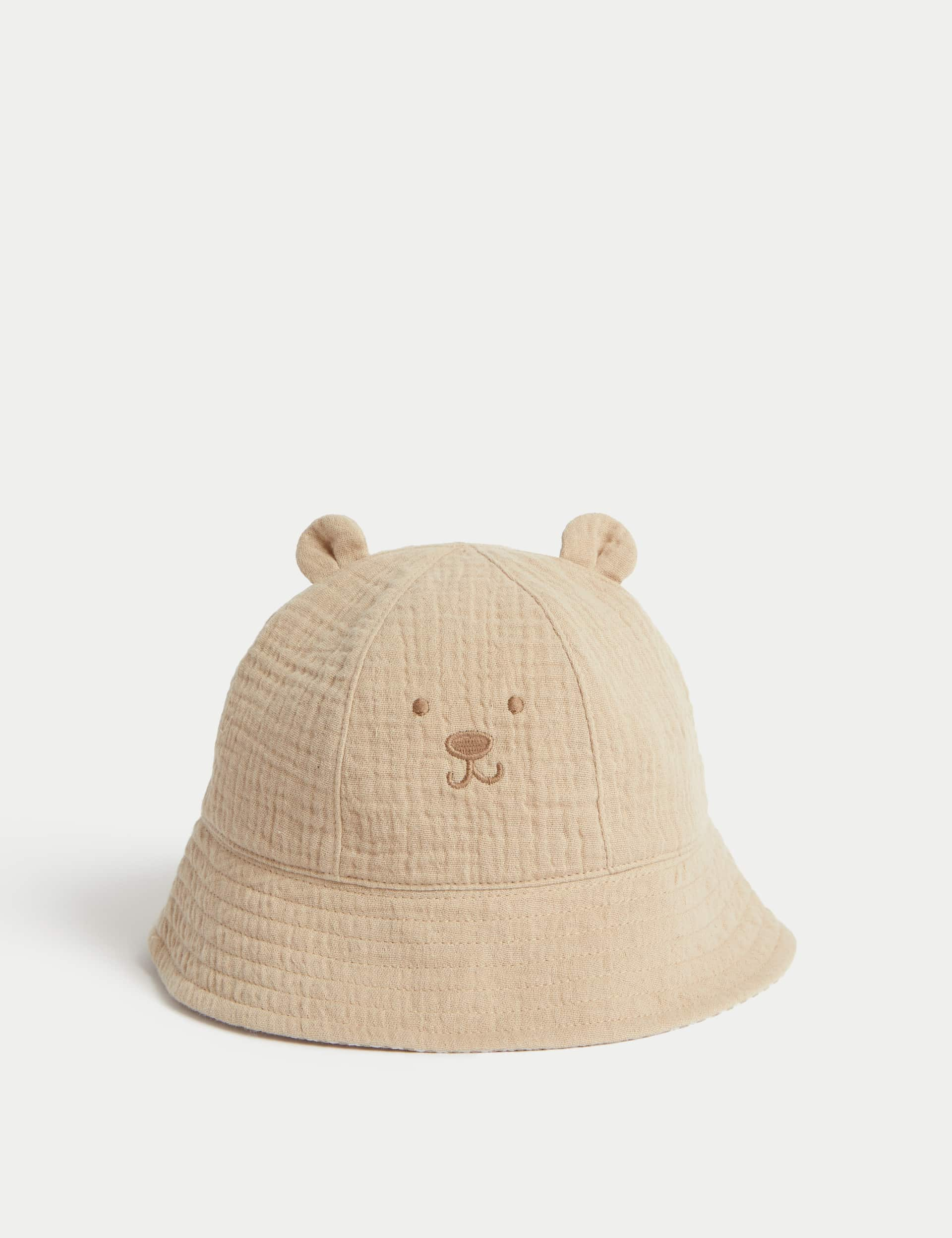 M&S Pure Cotton Bear Sun Hat (0-18 Mths) - 3-6M - Stone, Stone,Blue