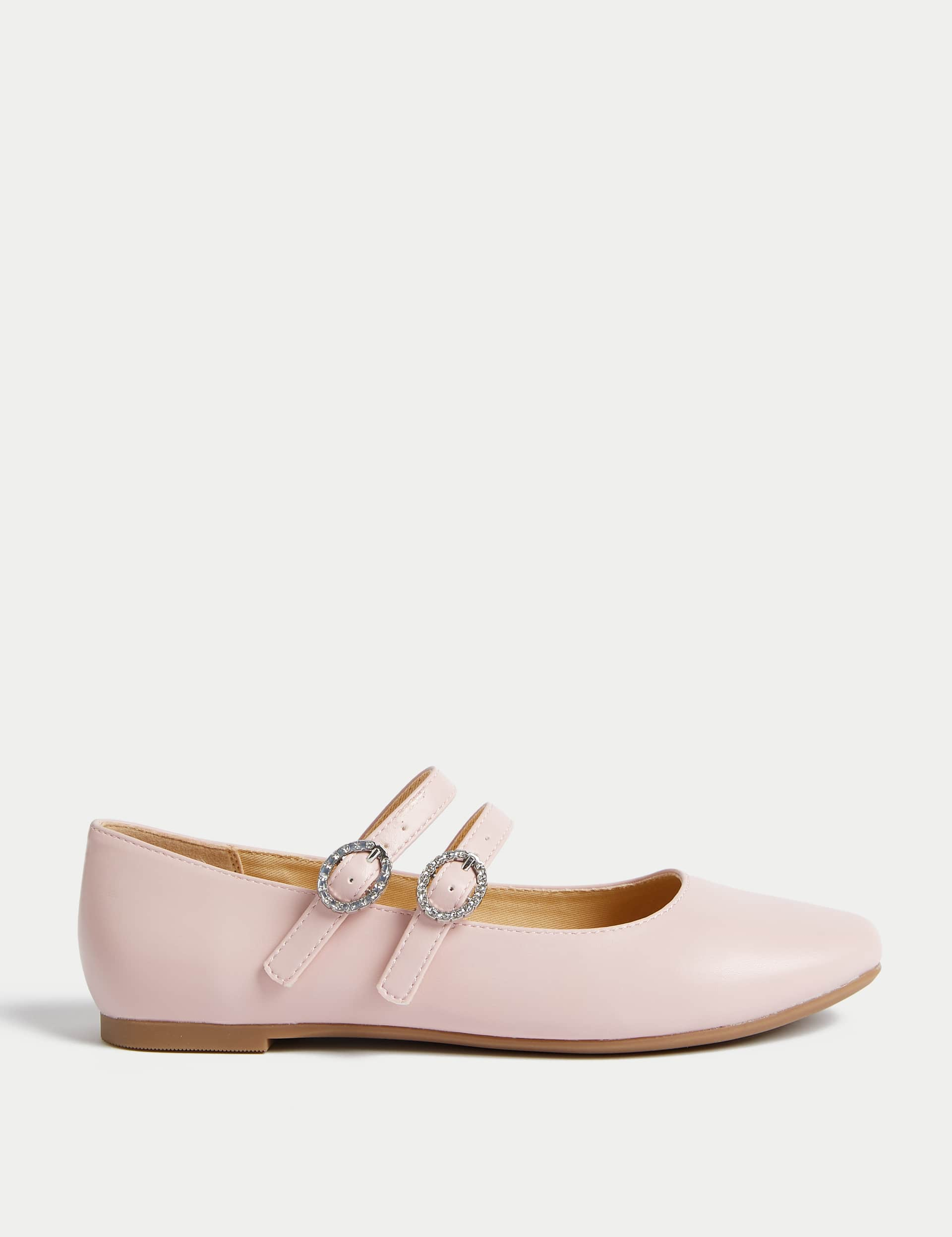 M&S Kids Metallic Buckle Ballet Pumps (1 Large - 6 Large) - 3 L - Light Pink, Light Pink,Silver