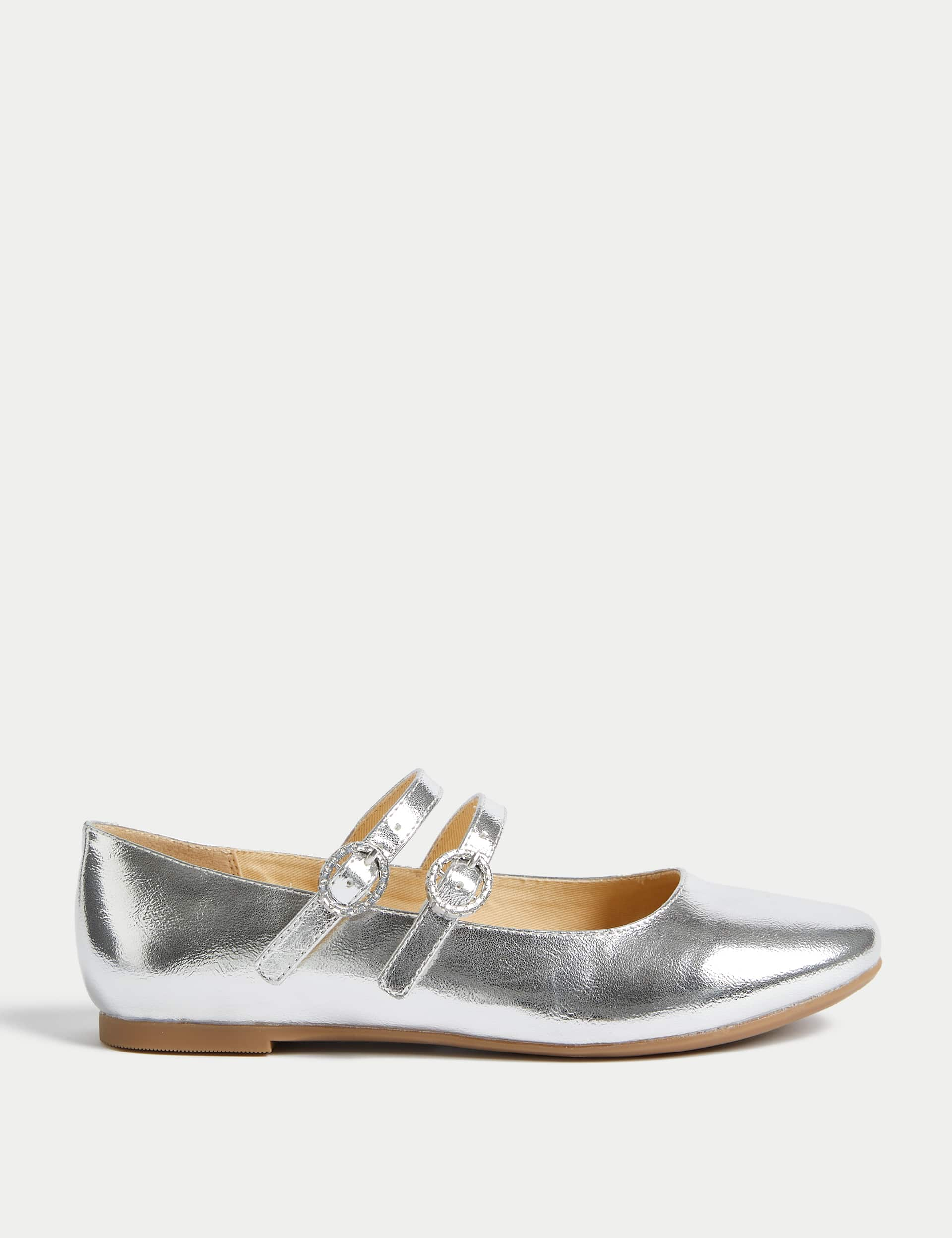 M&S Kids Metallic Buckle Ballet Pumps (1 Large - 6 Large) - 5 L - Silver, Silver