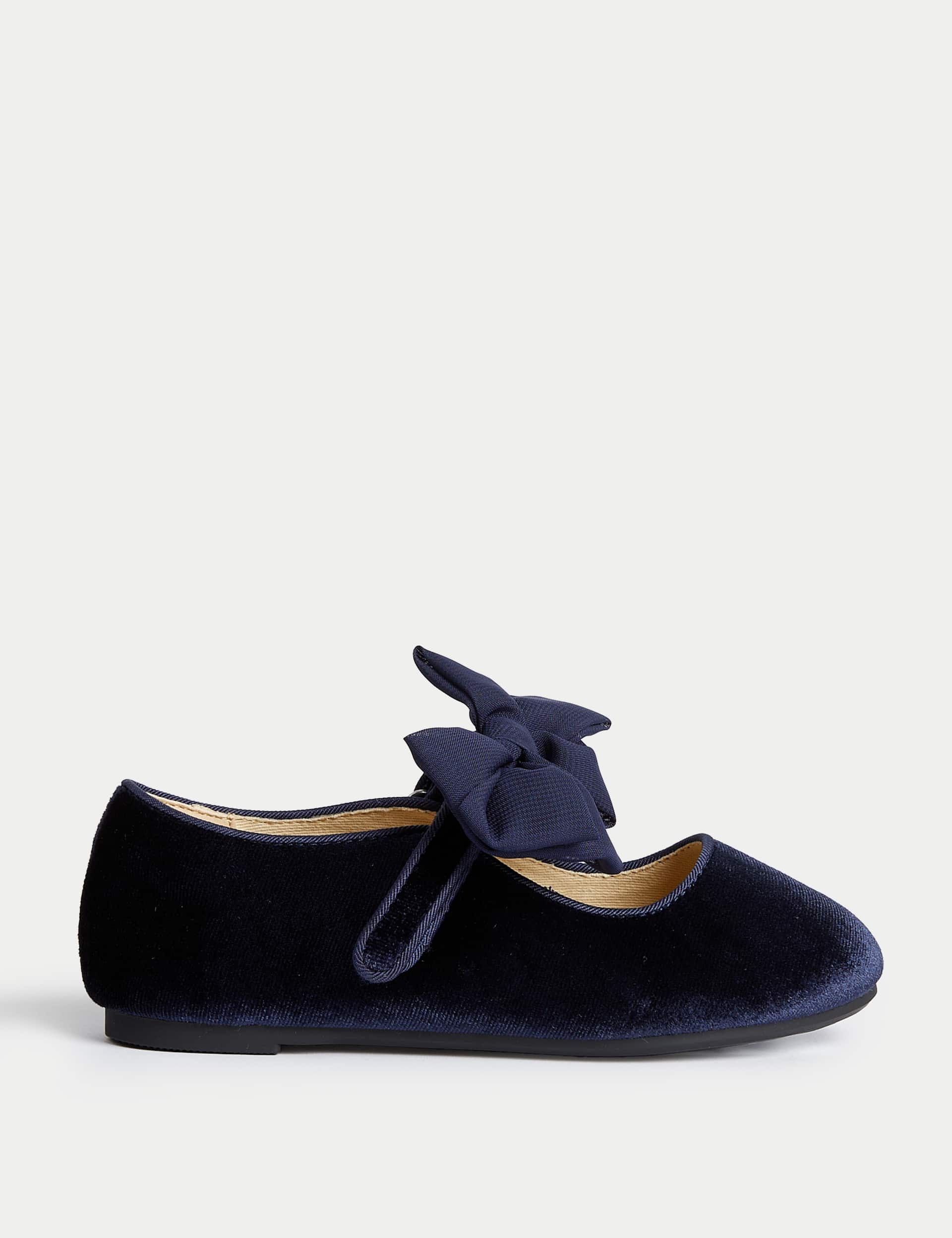 M&S Kids Velvet Riptape Bow Mary Jane Shoes (4 Small - 2 Large) - 1 LSTD - Navy, Navy,Silver