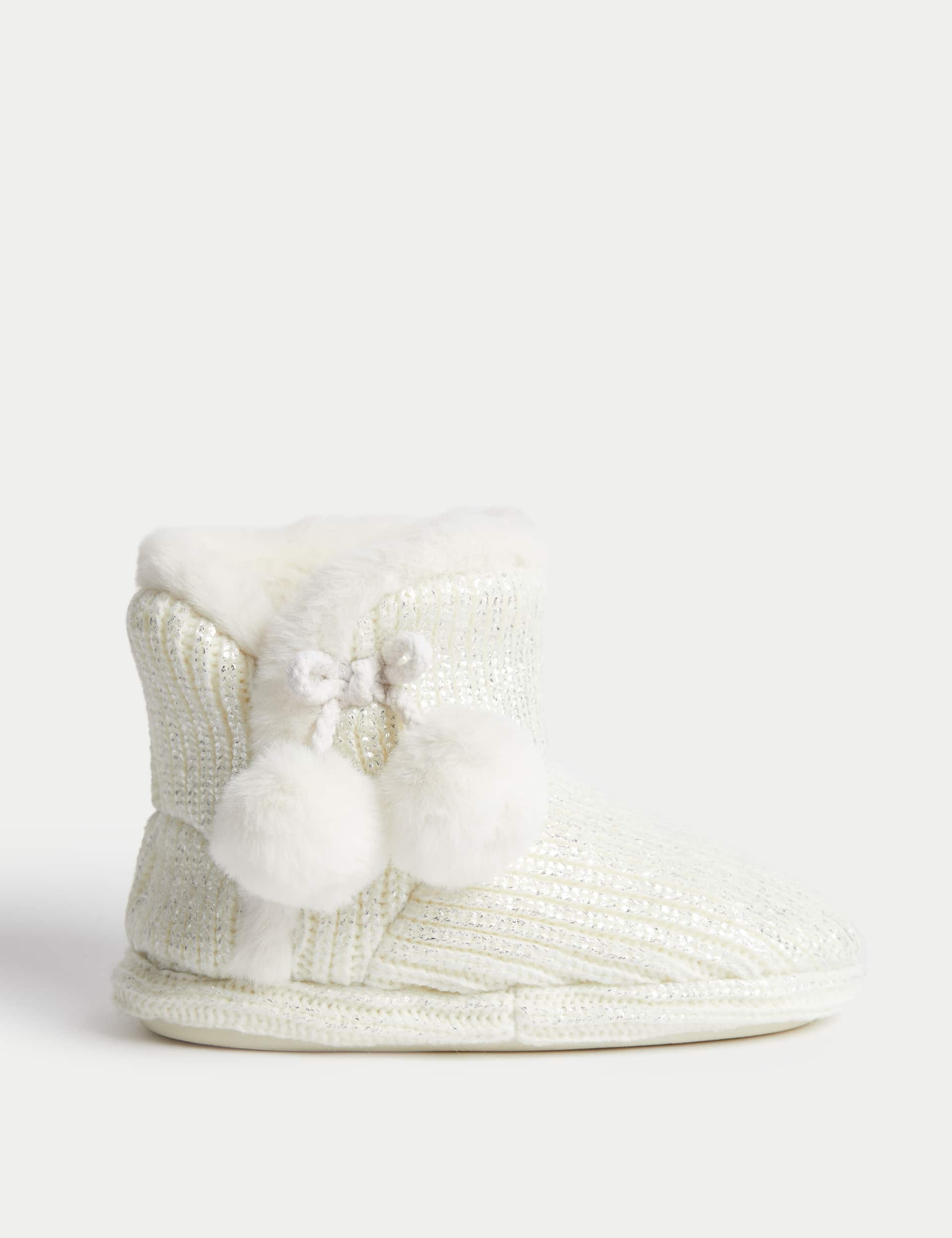 M&S Kids Pom Pom Slipper Boots (4 Small - 6 Large) - 2 L - Silver, Silver