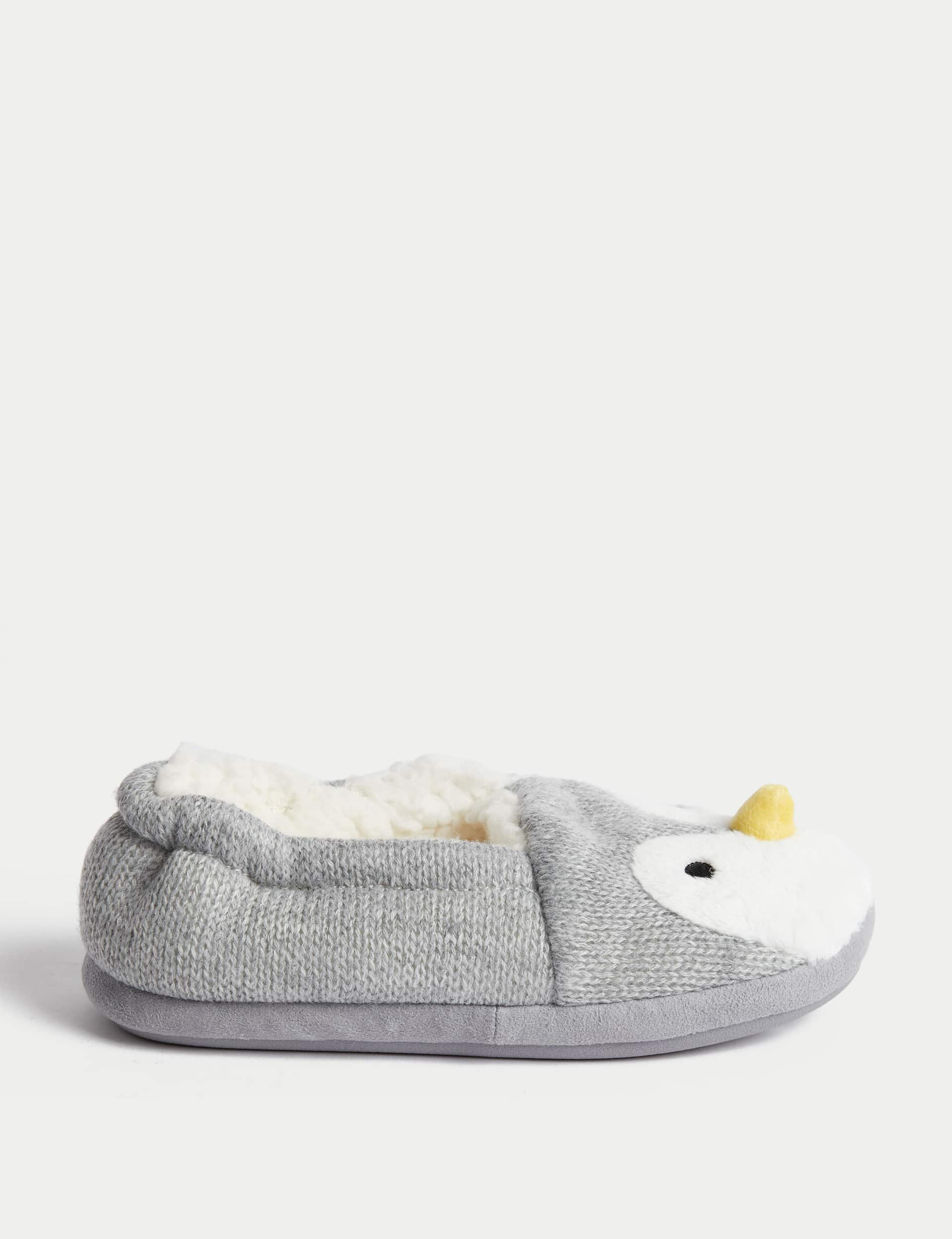 M&S Kids Penguin Knitted Slippers (4 Small - 7 Large) - 3 L - Grey Mix, Grey Mix