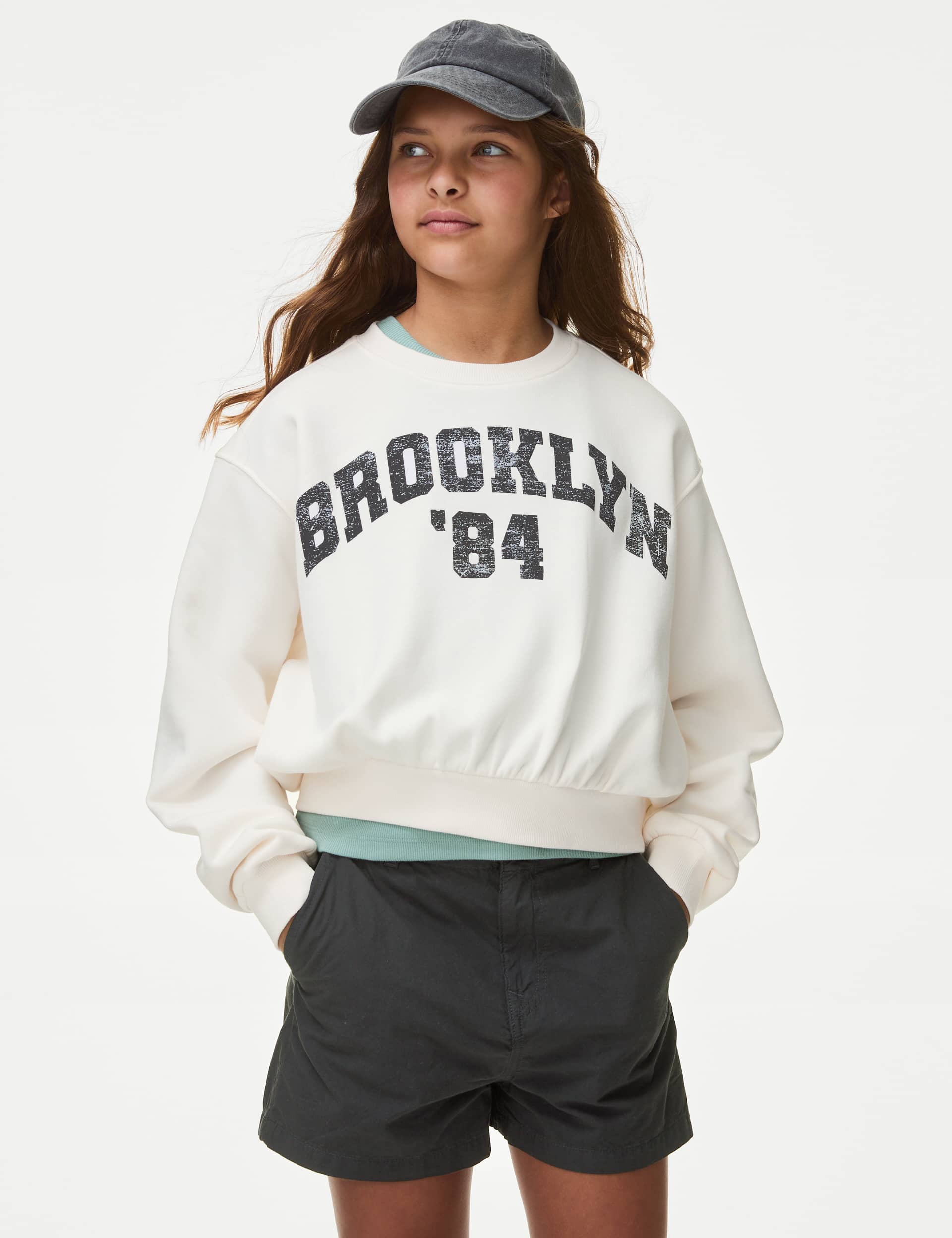 M&S Girls Cotton Rich Brooklyn Slogan Sweatshirt (6-16 Yrs) - 9-10Y - Ecru Mix, Ecru Mix